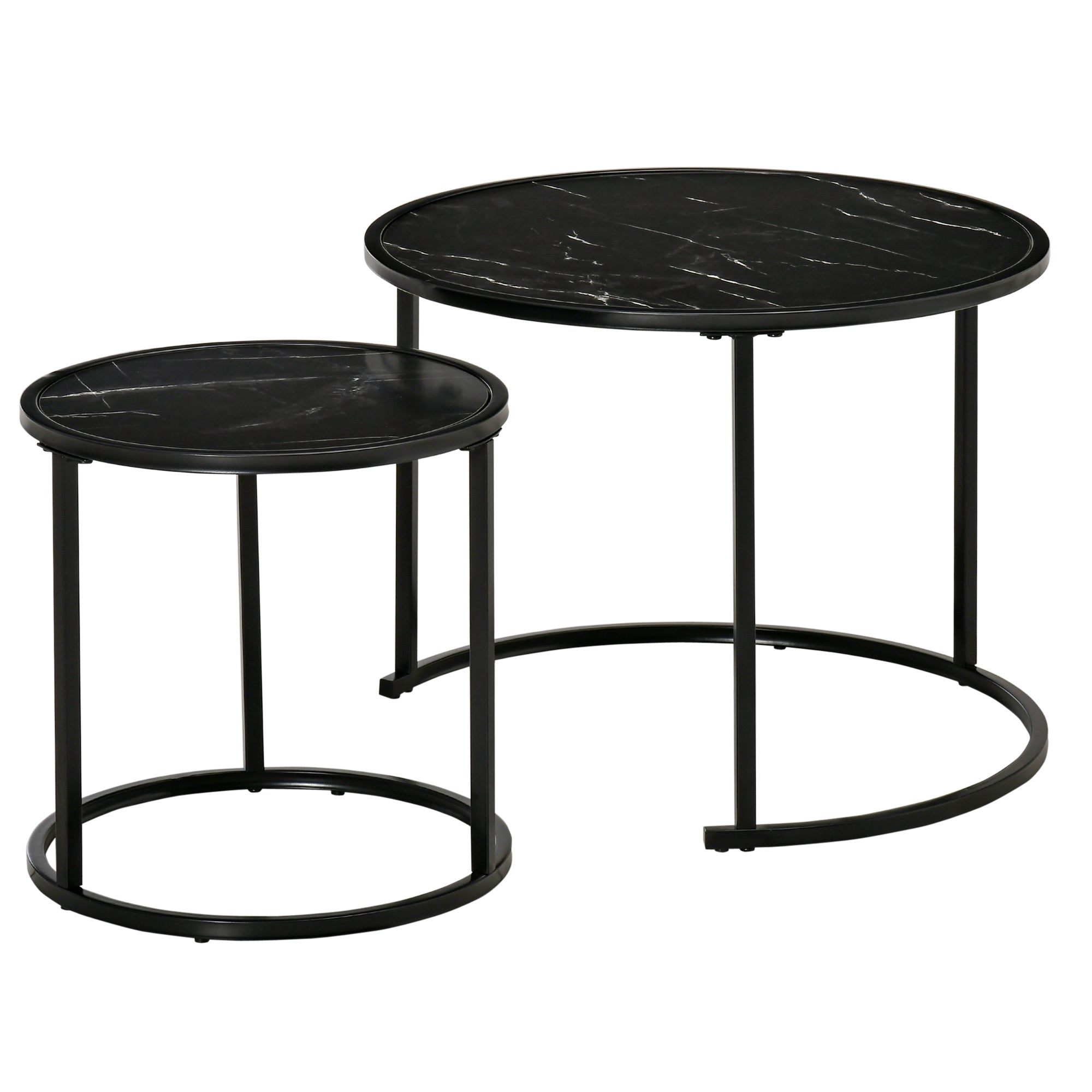 HOMCOM Nesting Tables, 23.6" Round Coffee Table Set of 2, Modern Side Tables for Living Room with Metal Base, Faux Marbled Black