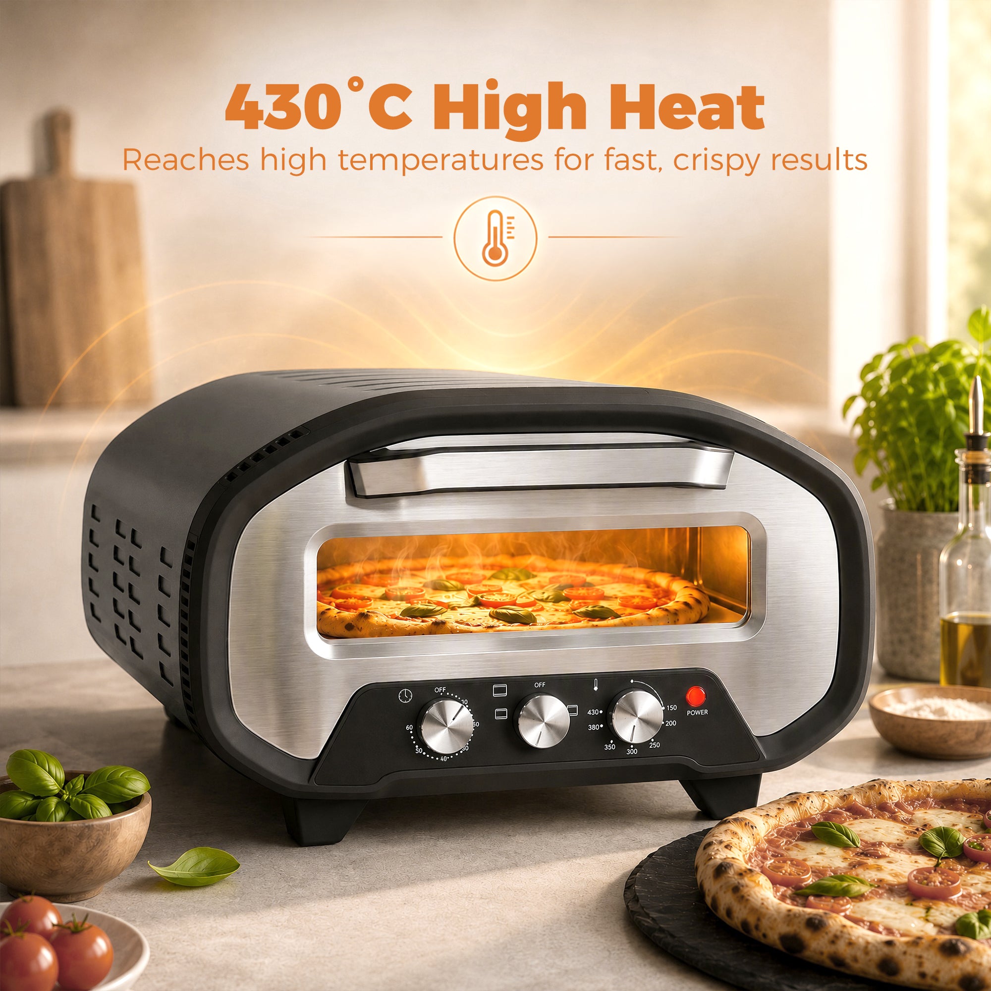 Pizza Oven Indoor, 12 Inch Electric Countertop Pizza Maker with 3 Knob Control, 430°C, 60-Min Timer, Ceramic Stone, Viewing Window, 2200W