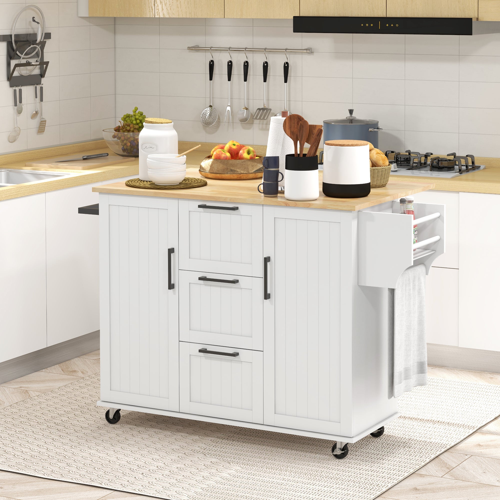 Kitchen Island with Drop Leaf Rolling Cart on Wheels with 3 Drawers 2 Cabinets Natural Wood Top White