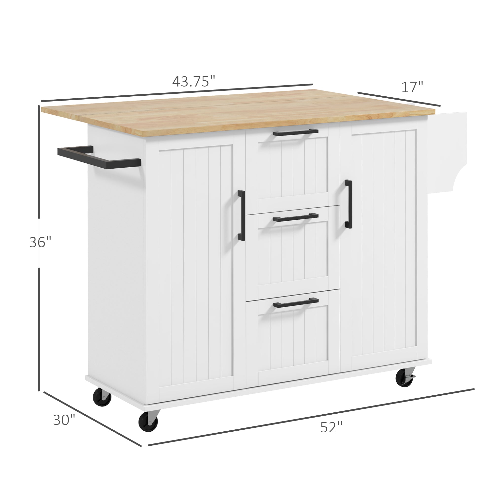 Kitchen Island with Drop Leaf Rolling Cart on Wheels with 3 Drawers 2 Cabinets Natural Wood Top White