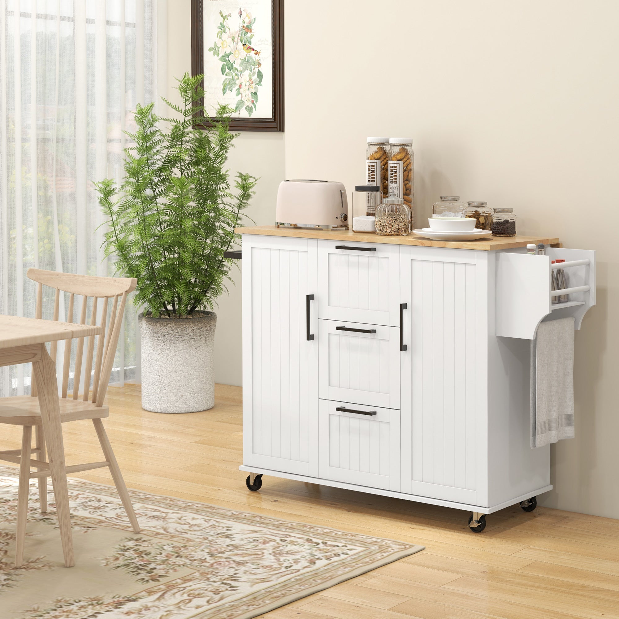 Kitchen Island with Drop Leaf Rolling Cart on Wheels with 3 Drawers 2 Cabinets Natural Wood Top White