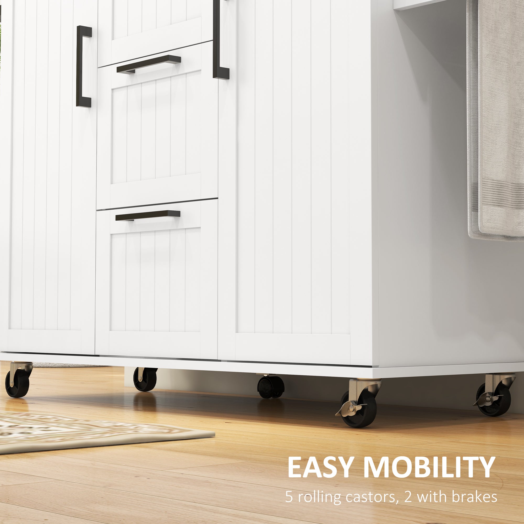 Kitchen Island with Drop Leaf Rolling Cart on Wheels with 3 Drawers 2 Cabinets Natural Wood Top White