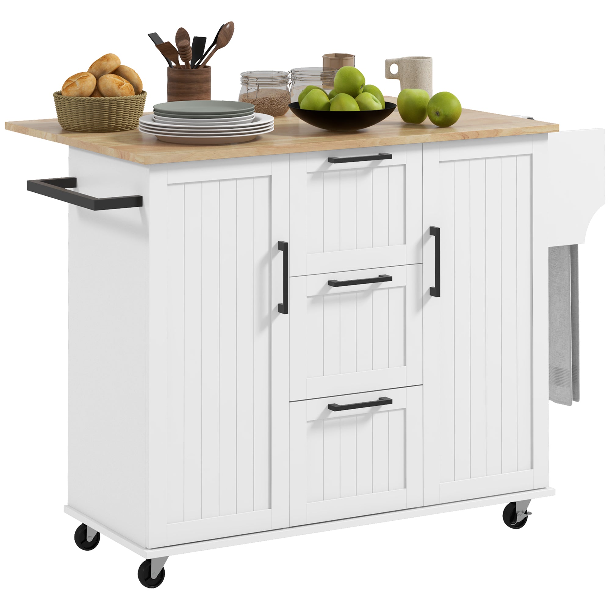 Kitchen Island with Drop Leaf Rolling Cart on Wheels with 3 Drawers 2 Cabinets Natural Wood Top White