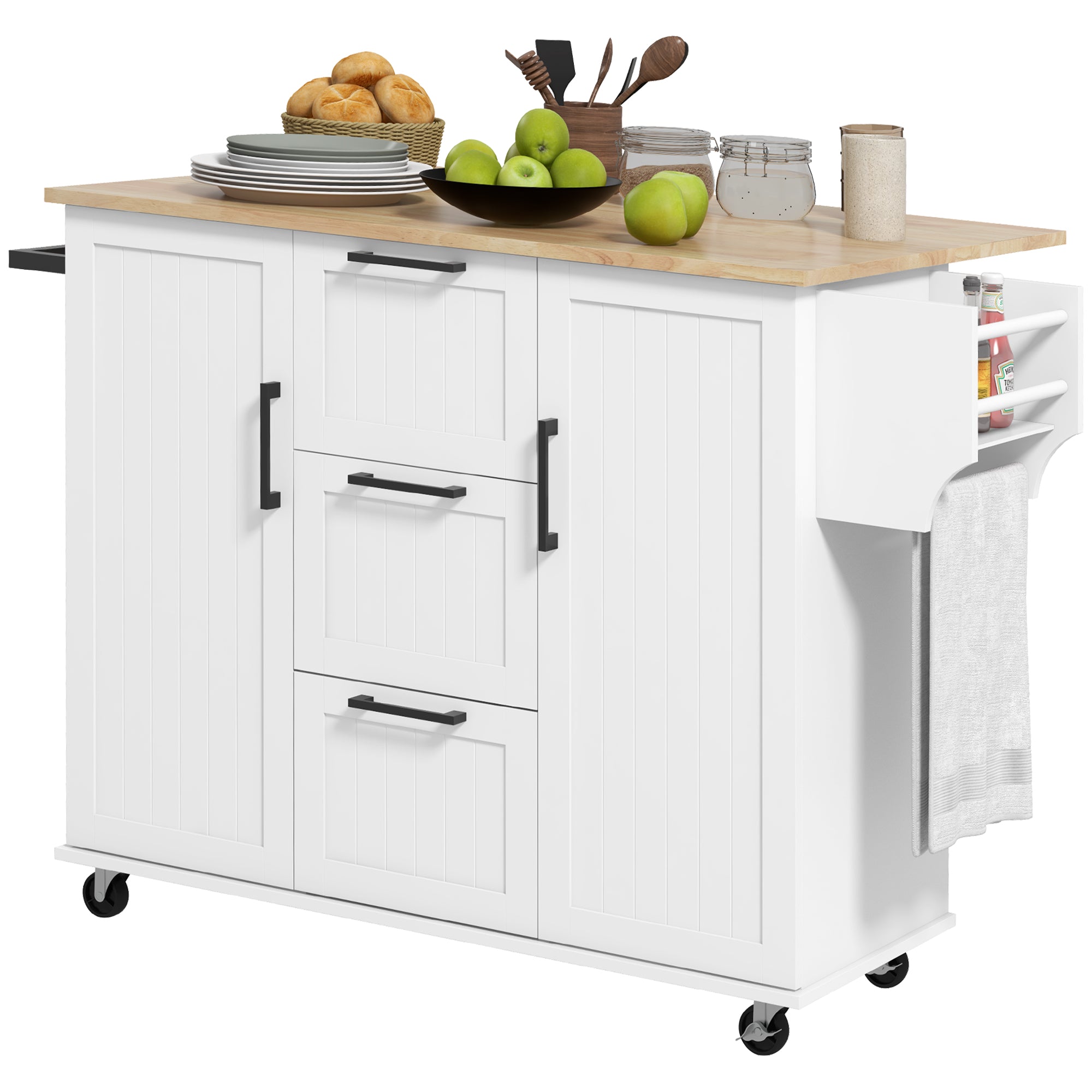 Kitchen Island with Drop Leaf Rolling Cart on Wheels with 3 Drawers 2 Cabinets Natural Wood Top White