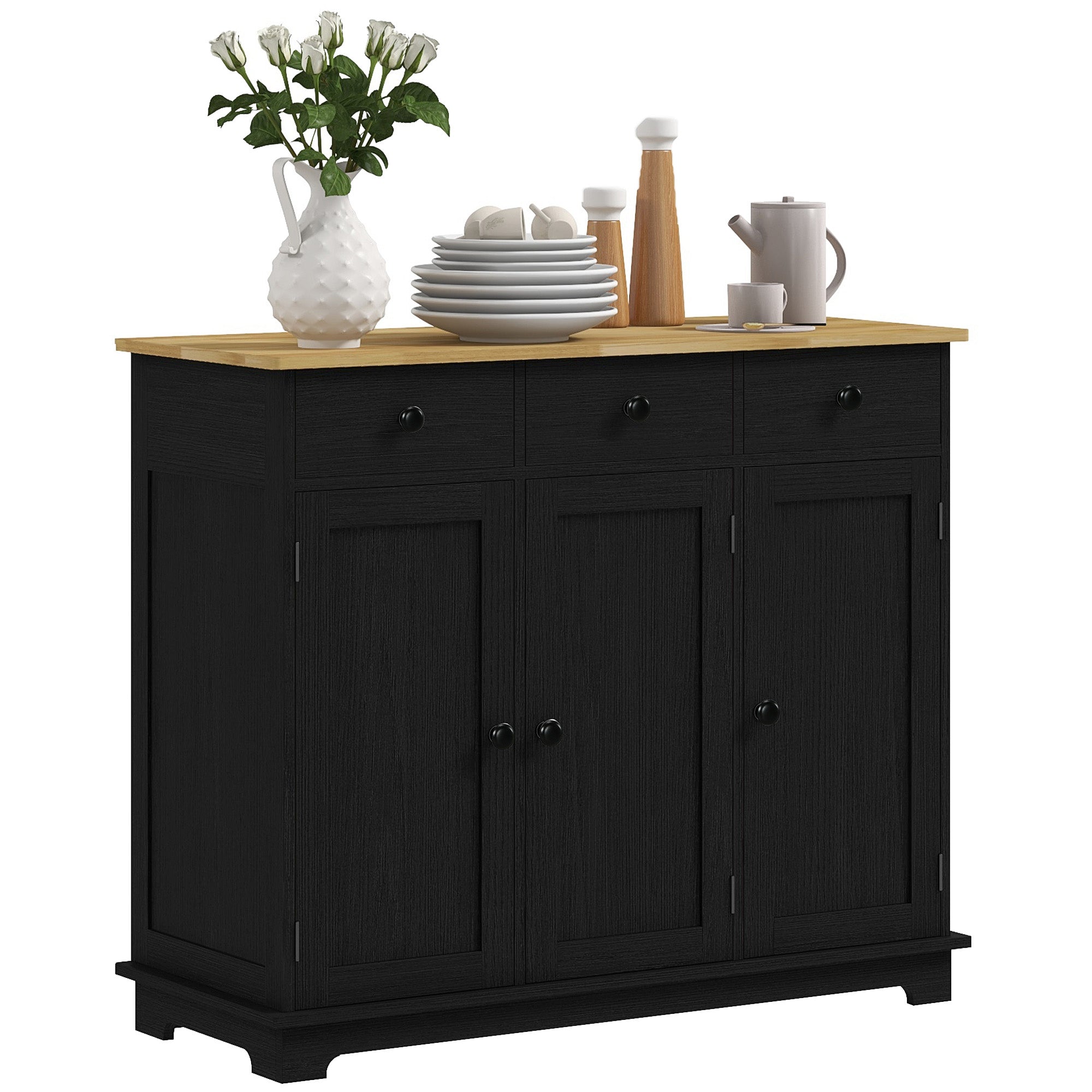 Kitchen Storage Cabinet, Sideboard Floor Cupboard with Solid Wood Top, Adjustable Shelf, and 3 Drawers, Black Wood Grain