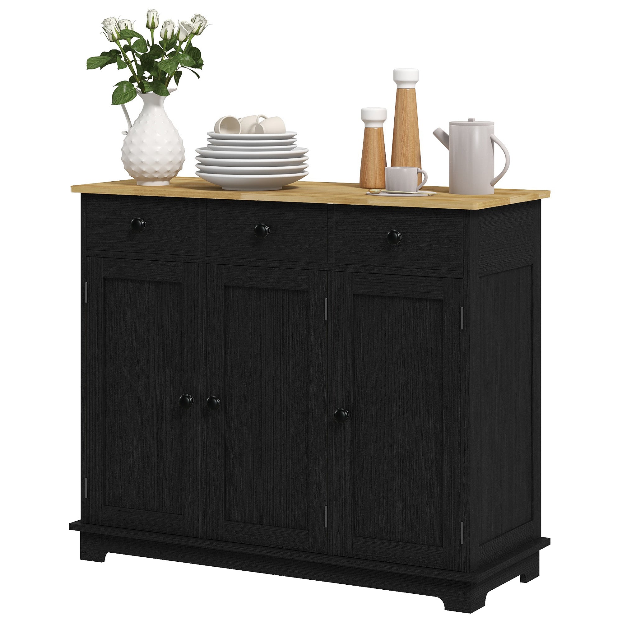 Kitchen Storage Cabinet, Sideboard Floor Cupboard with Solid Wood Top, Adjustable Shelf, and 3 Drawers, Black Wood Grain