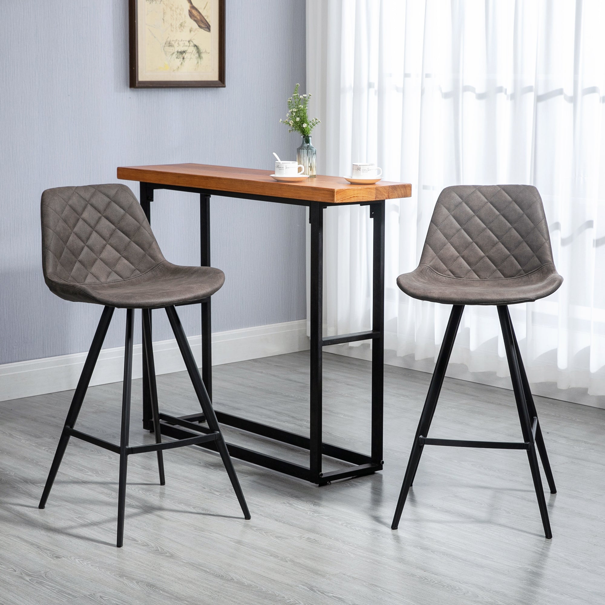 HOMCOM Set Of 2 Bar Stools Vintage Microfiber Cloth Tub Seats Padded Comfortable Steel Frame Footrest Quilted Home Bar Cafe Kitchen Chair Stylish Dark Grey