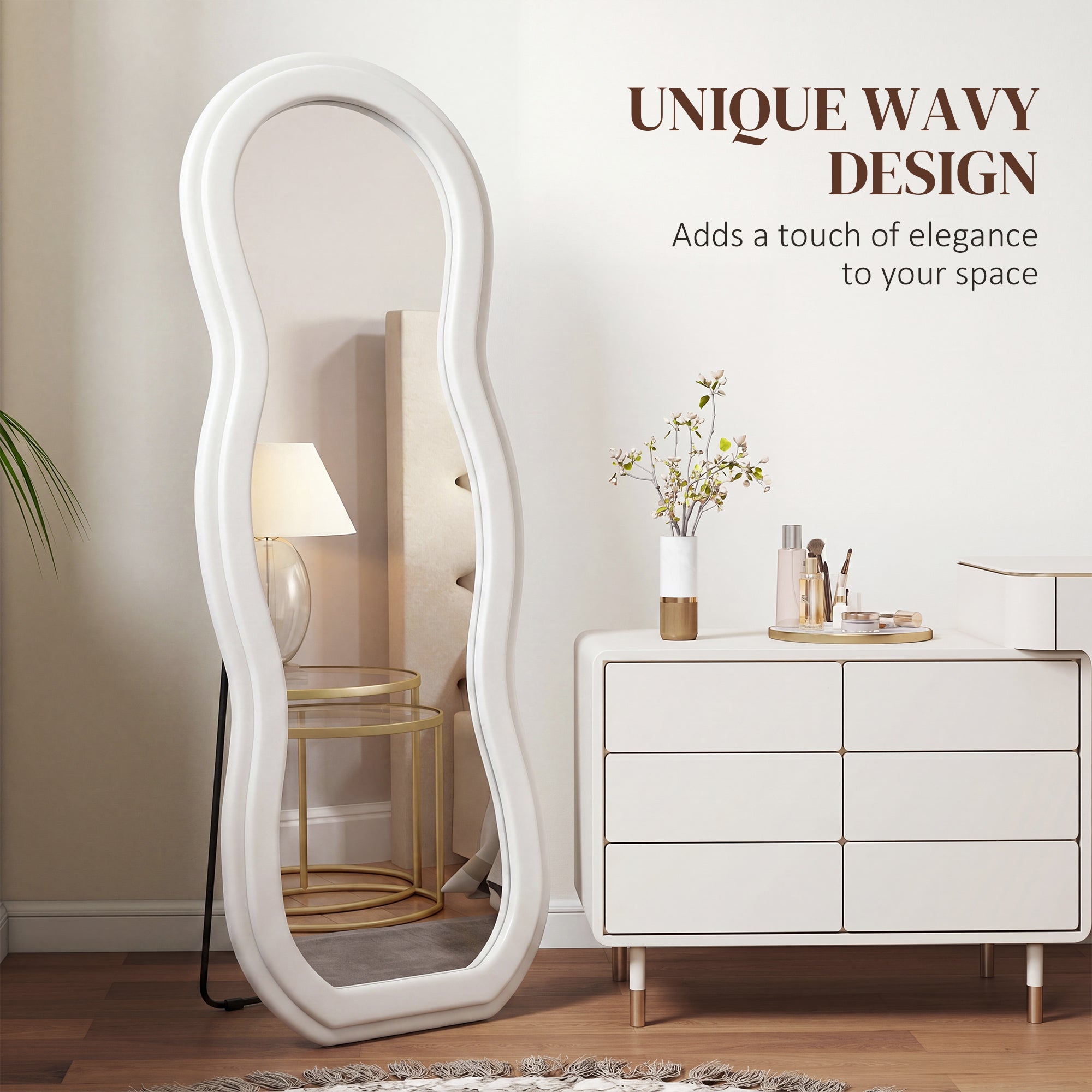 64" x 24" Full Length Mirror, Standing Floor Mirror Hanging or Wall Mount, with Arched Wavy Velvet Frame for Bedroom, Living Room, White