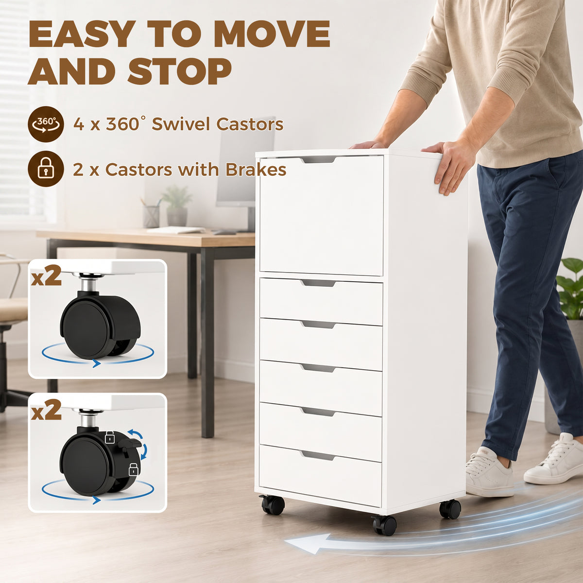 5 Drawer Vertical File Cabinet with Lockable Wheels and Soft-Close Cabinet, Mobile Filing Cabinet for Home Office, Rolling Printer Stand for A4 Letter-Size Documents, White