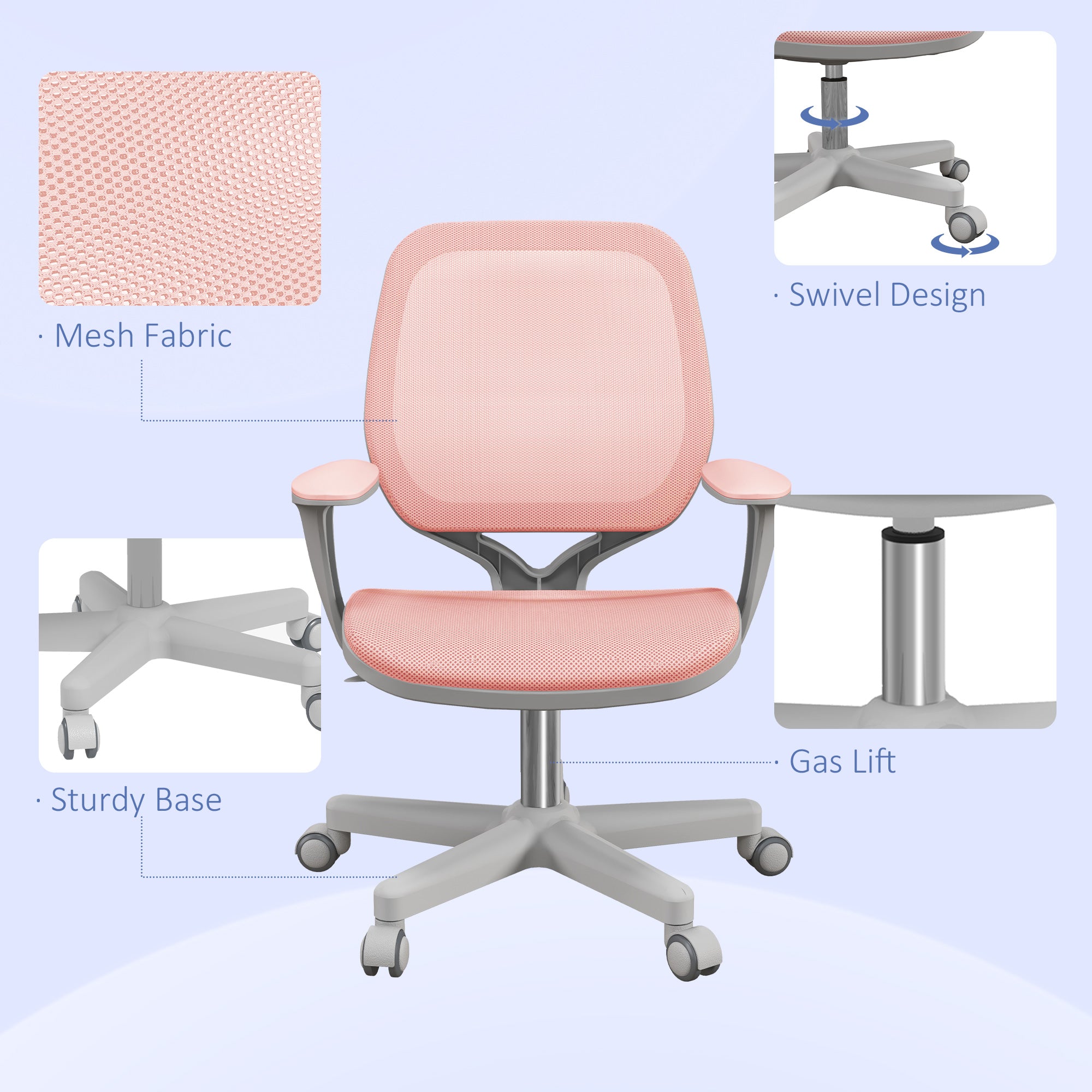 Vinsetto Robust Chair, Small Mesh Computer Desk Chair with Adjustable Height, Swivel Security Castors, Mid Back, for Robust - Pink