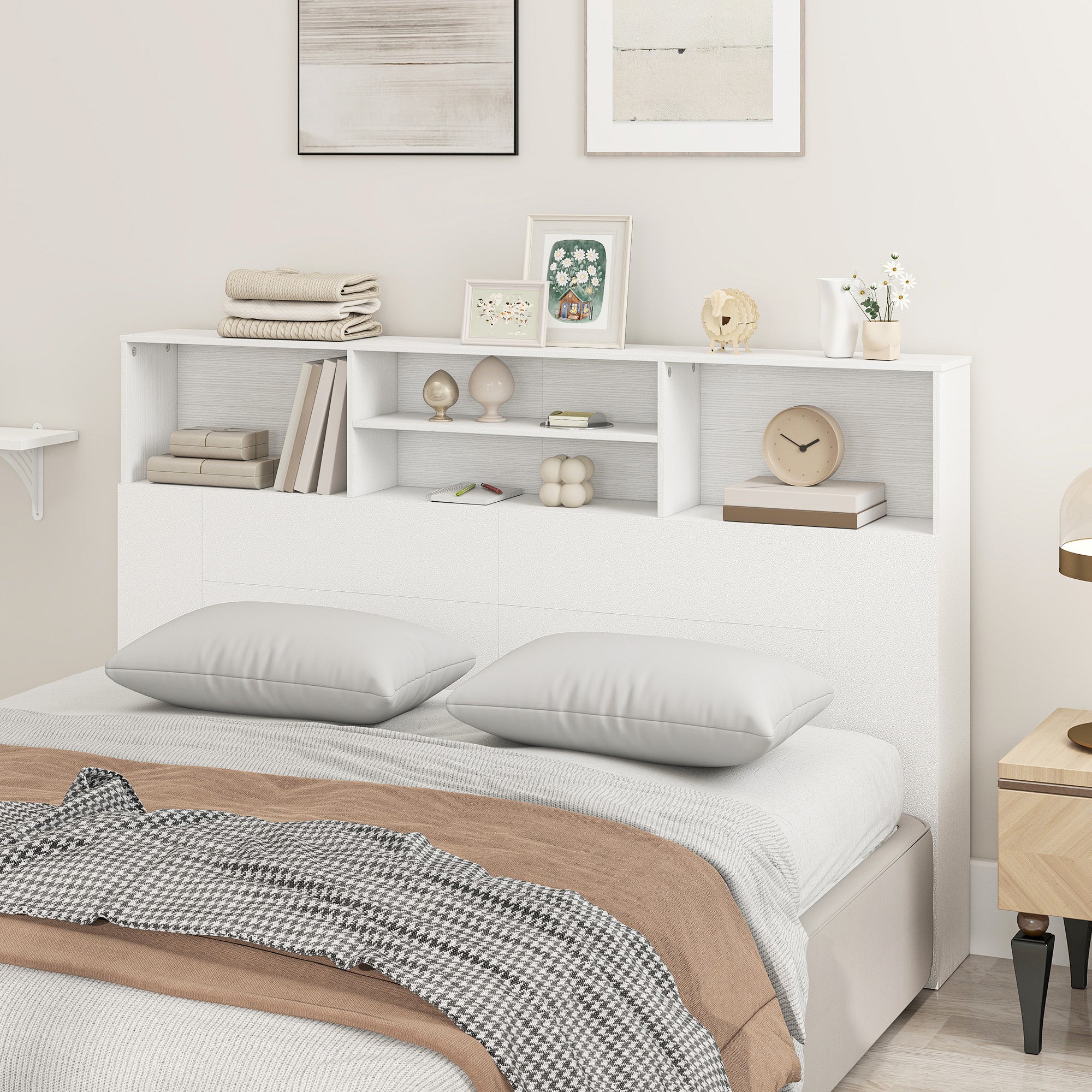 5ft King Size Headboard with Storage, Freestanding Bed Headboard with 4 Open Compartments for Bedroom, 160 x 20.2 x 108.2 cm, White