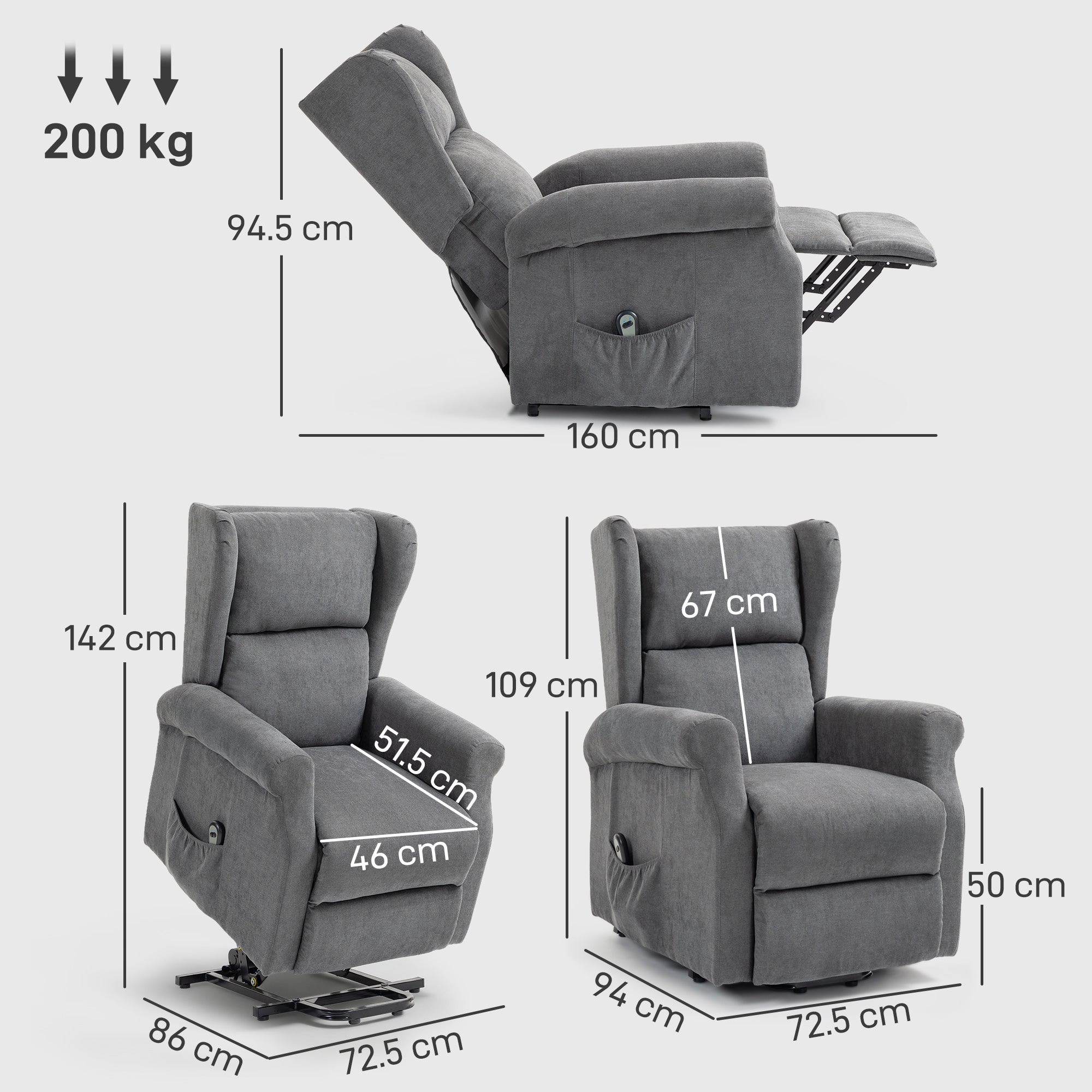 Power Lift Recliner Armchair, Electric Lift Chair for Elderly, Fabric Riser and Reclining Chair with Remote Control, Side Pockets, Extended Footrest, for Living Room, Charcoal Grey