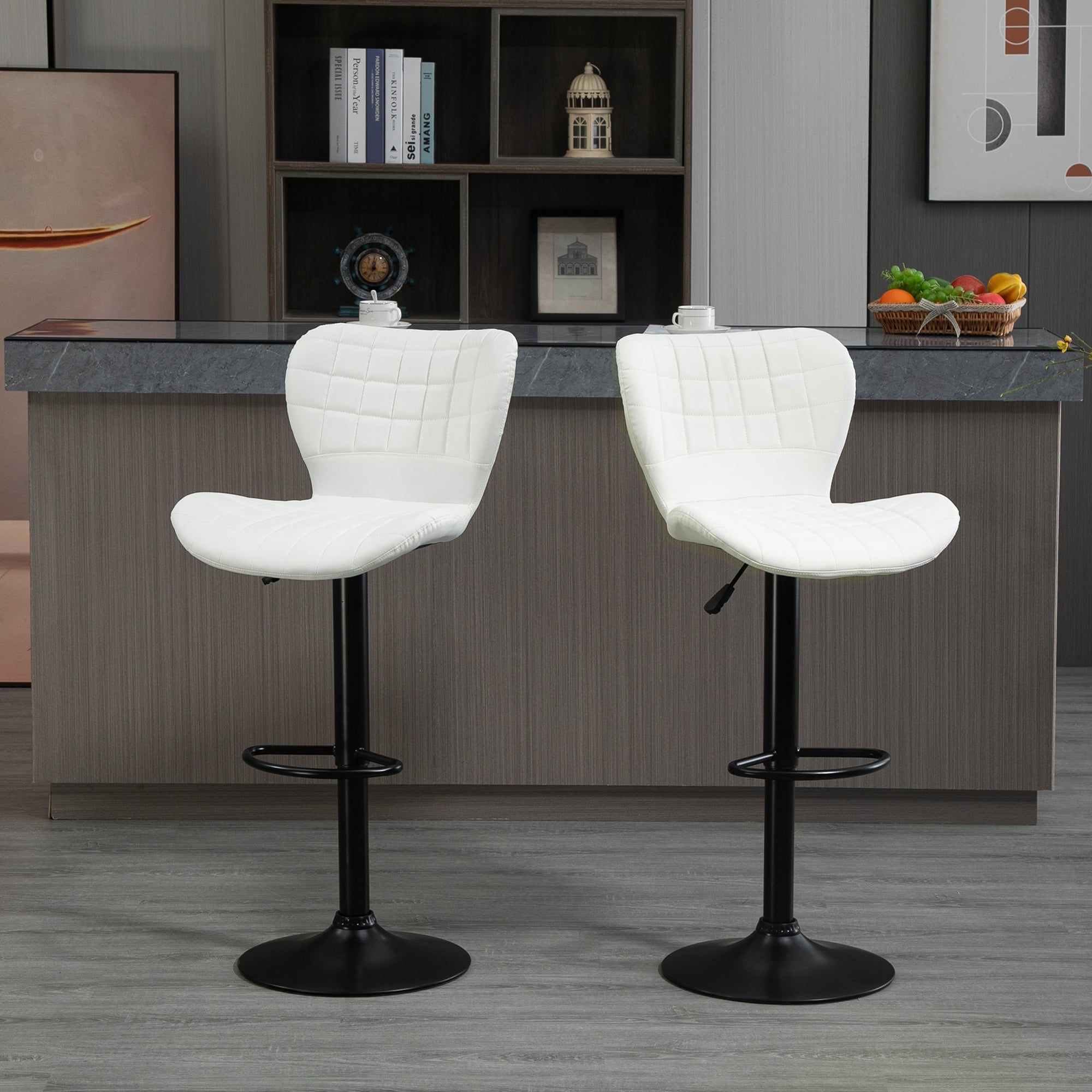 HOMCOM Bar Stools Set of 2, Adjustable Height Swivel Bar Chairs, PU Leather Upholstered Kitchen Counter Stools with Wide Seat, Back and Footrest, White