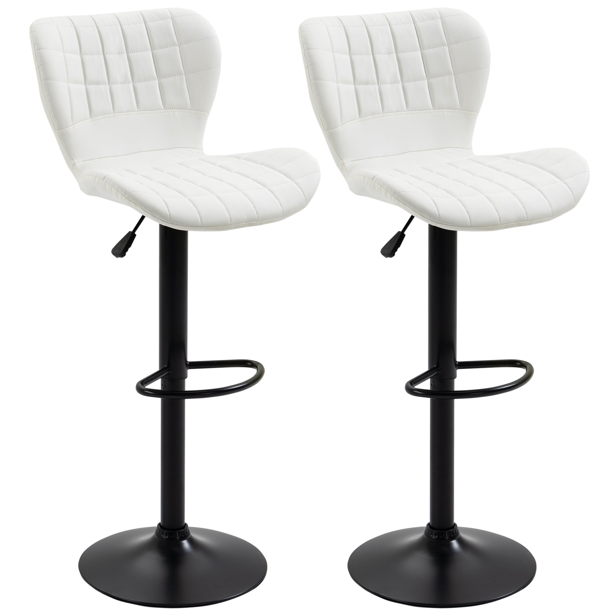 HOMCOM Bar Stools Set of 2, Adjustable Height Swivel Bar Chairs, PU Leather Upholstered Kitchen Counter Stools with Wide Seat, Back and Footrest, White