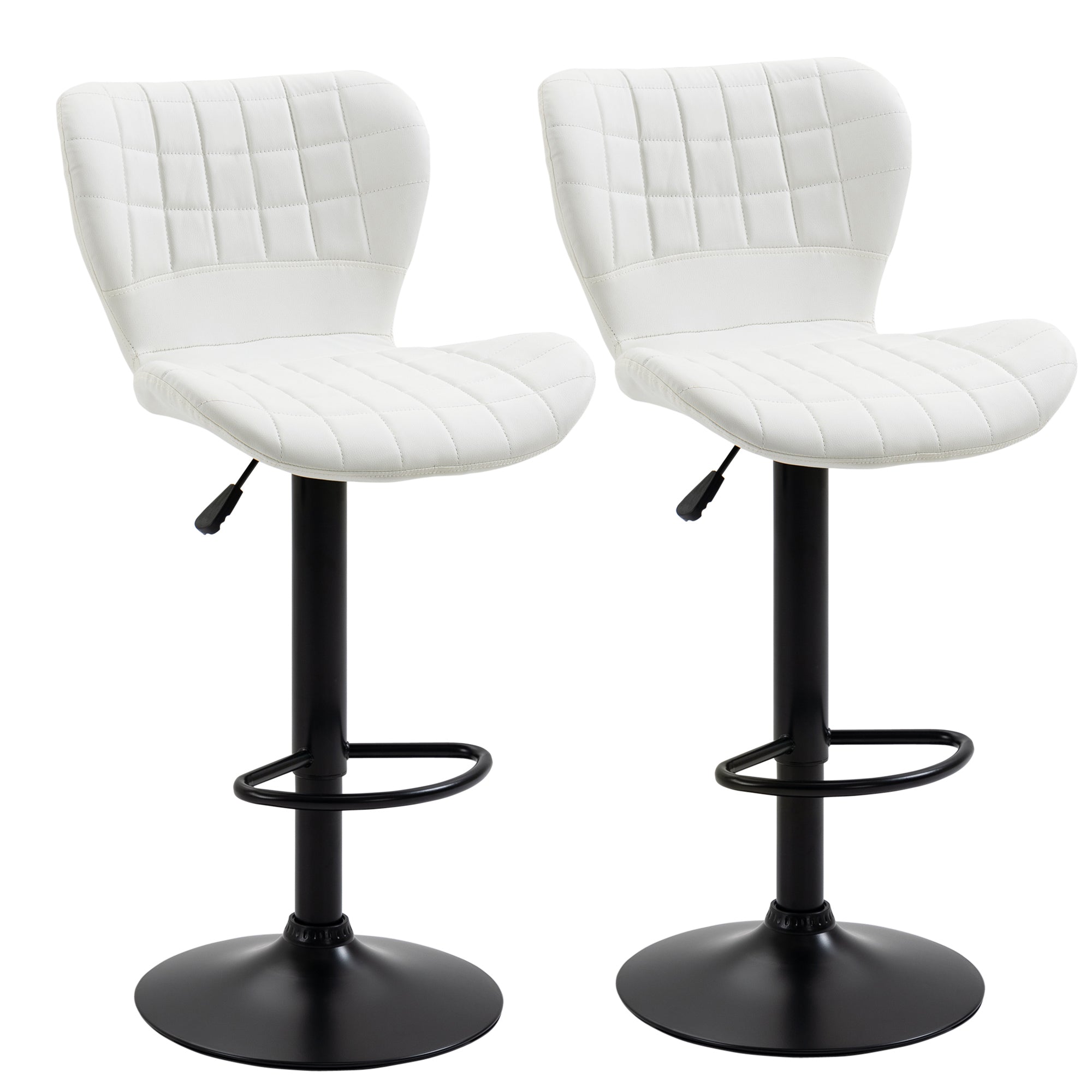 HOMCOM Bar Stools Set of 2, Adjustable Height Swivel Bar Chairs, PU Leather Upholstered Kitchen Counter Stools with Wide Seat, Back and Footrest, White