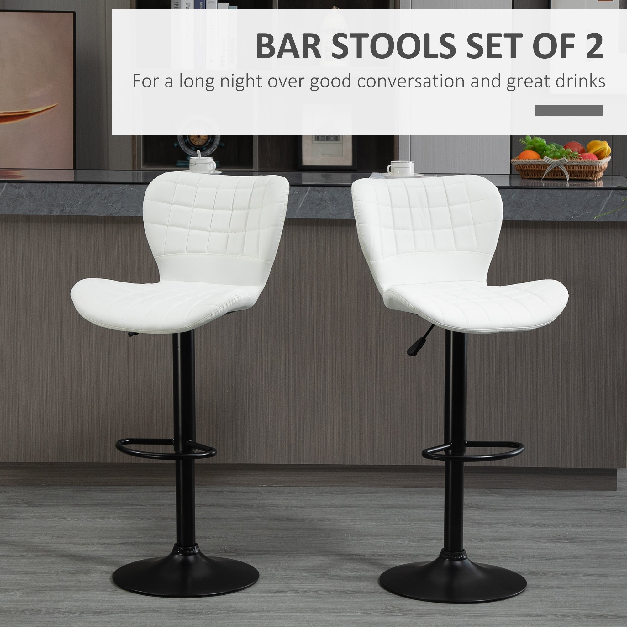 HOMCOM Bar Stools Set of 2, Adjustable Height Swivel Bar Chairs, PU Leather Upholstered Kitchen Counter Stools with Wide Seat, Back and Footrest, White