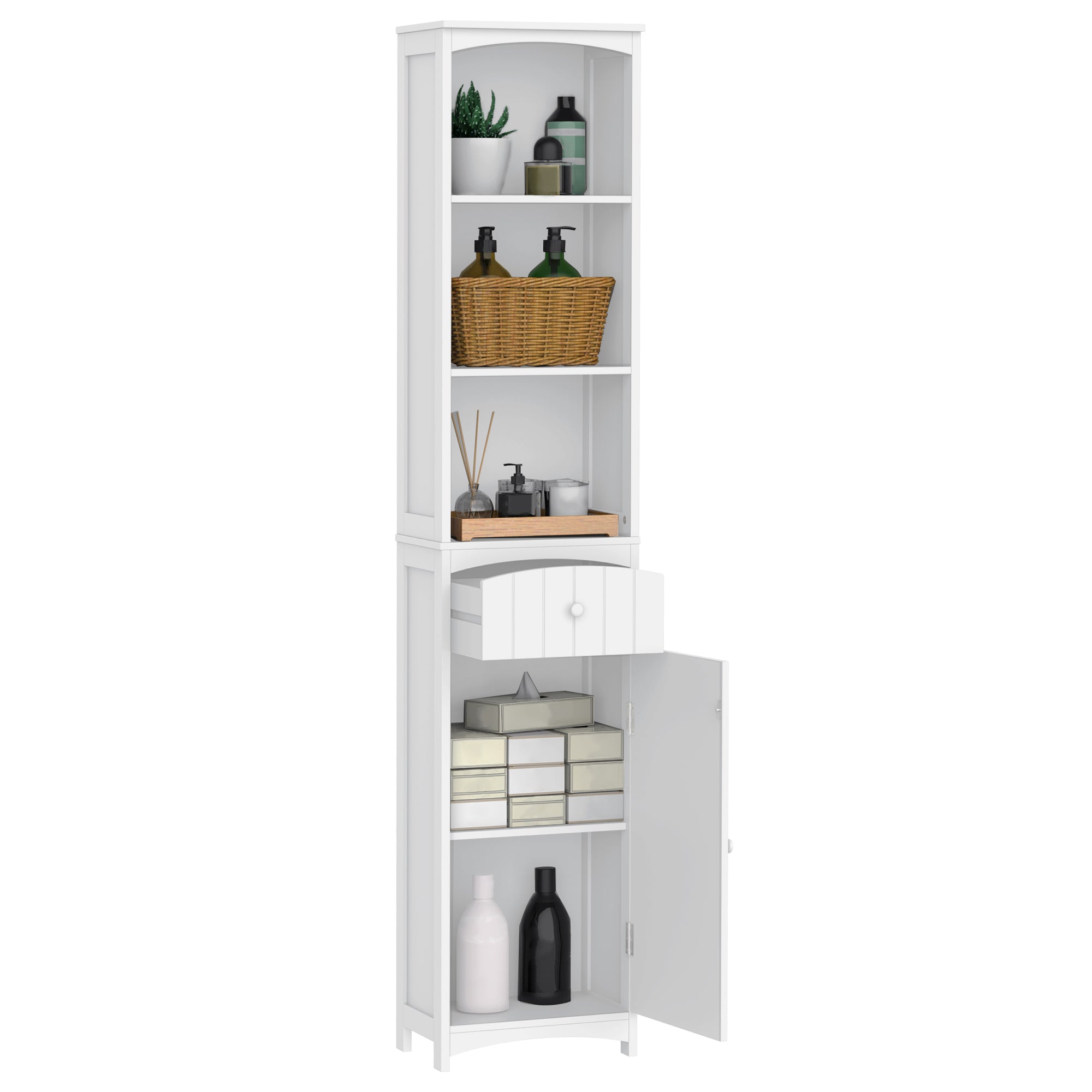 HOMCOM Bathroom Storage Cabinet, Tall Linen Tower with 3-Tier Shelves and Drawer and Door, White