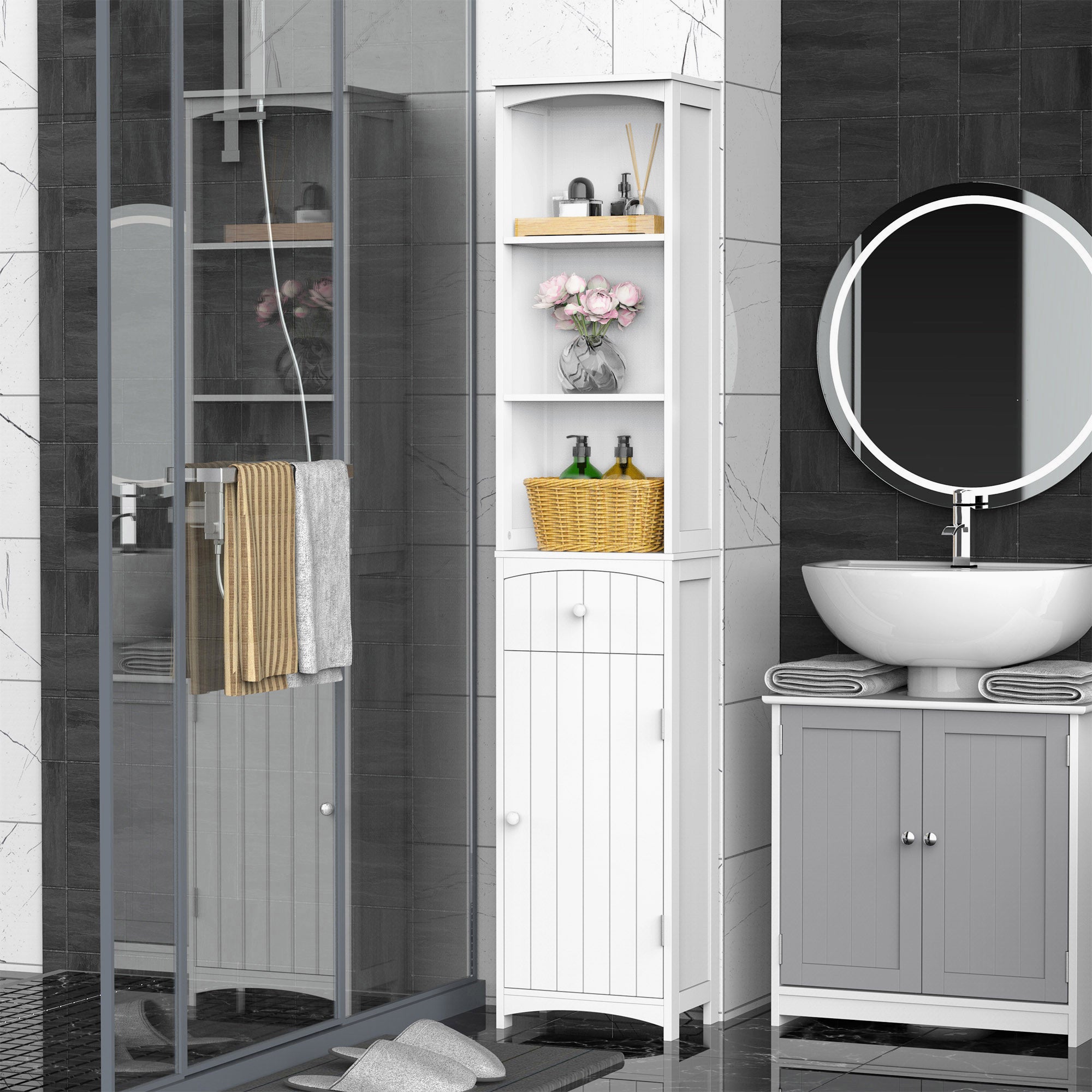 Bathroom Storage Cabinet Free Standing Unit Tall Linen Tower with 3 Tier Shelves and Drawer White