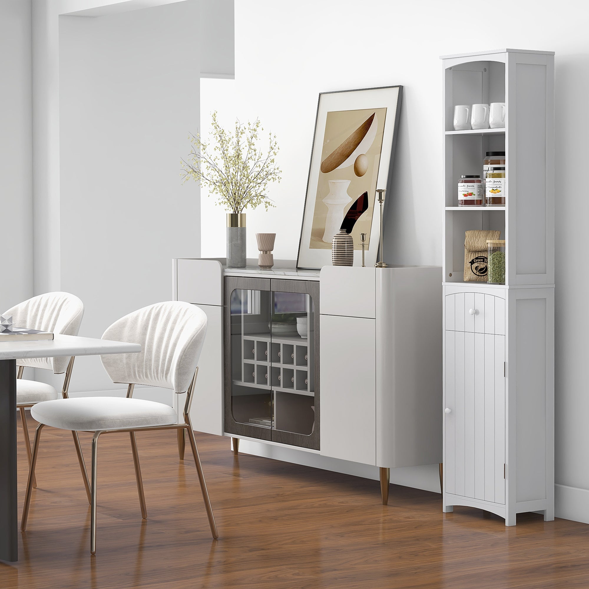 Bathroom Storage Cabinet Free Standing Unit Tall Linen Tower with 3 Tier Shelves and Drawer White