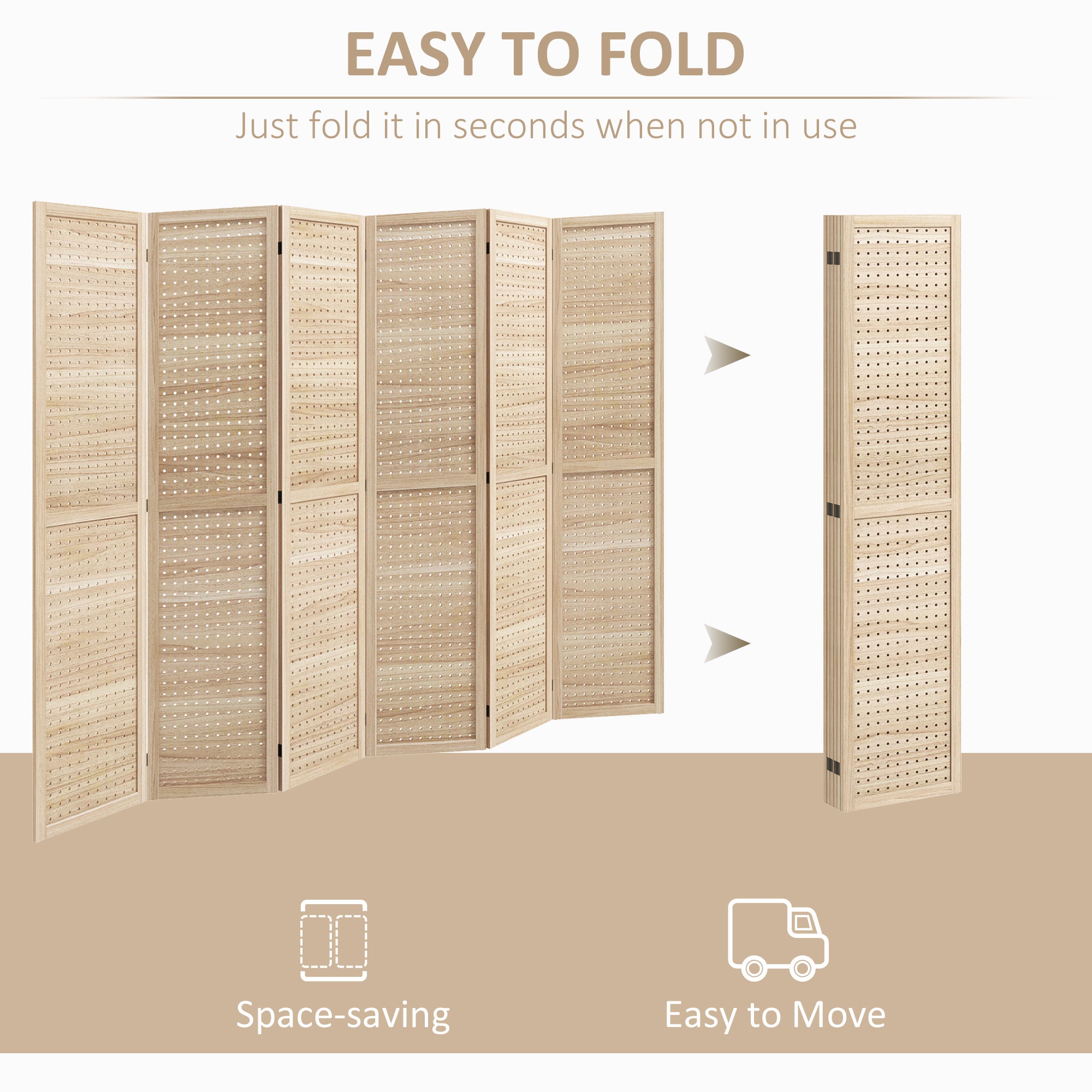 HOMCOM 5.6 Ft. Tall 6-Panel Room Divider, Pegboard Panel Freestanding Folding Privacy Screen Panels, Partition Wall Divider for Indoor Bedroom Office, Natural