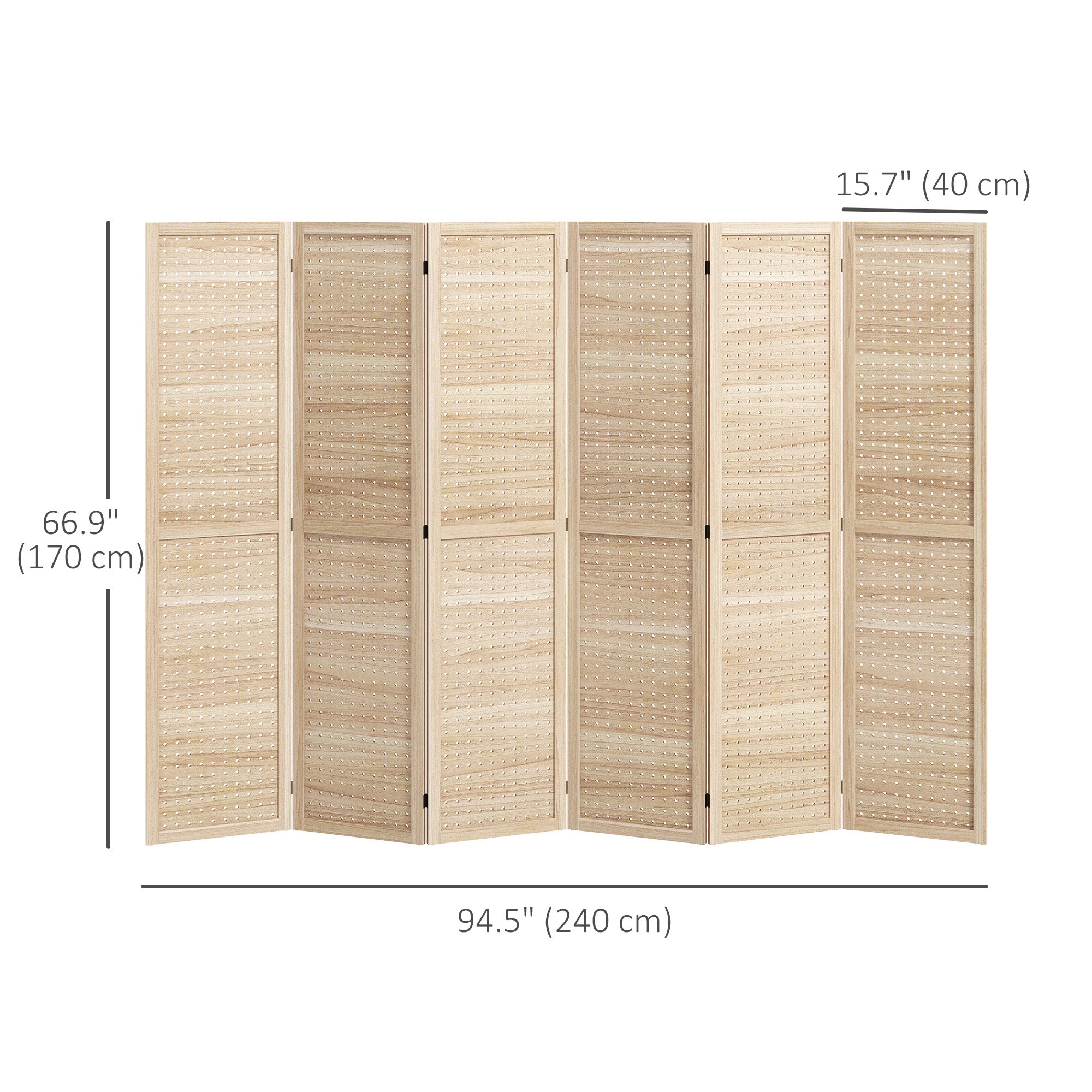 HOMCOM 5.6 Ft. Tall 6-Panel Room Divider, Pegboard Panel Freestanding Folding Privacy Screen Panels, Partition Wall Divider for Indoor Bedroom Office, Natural