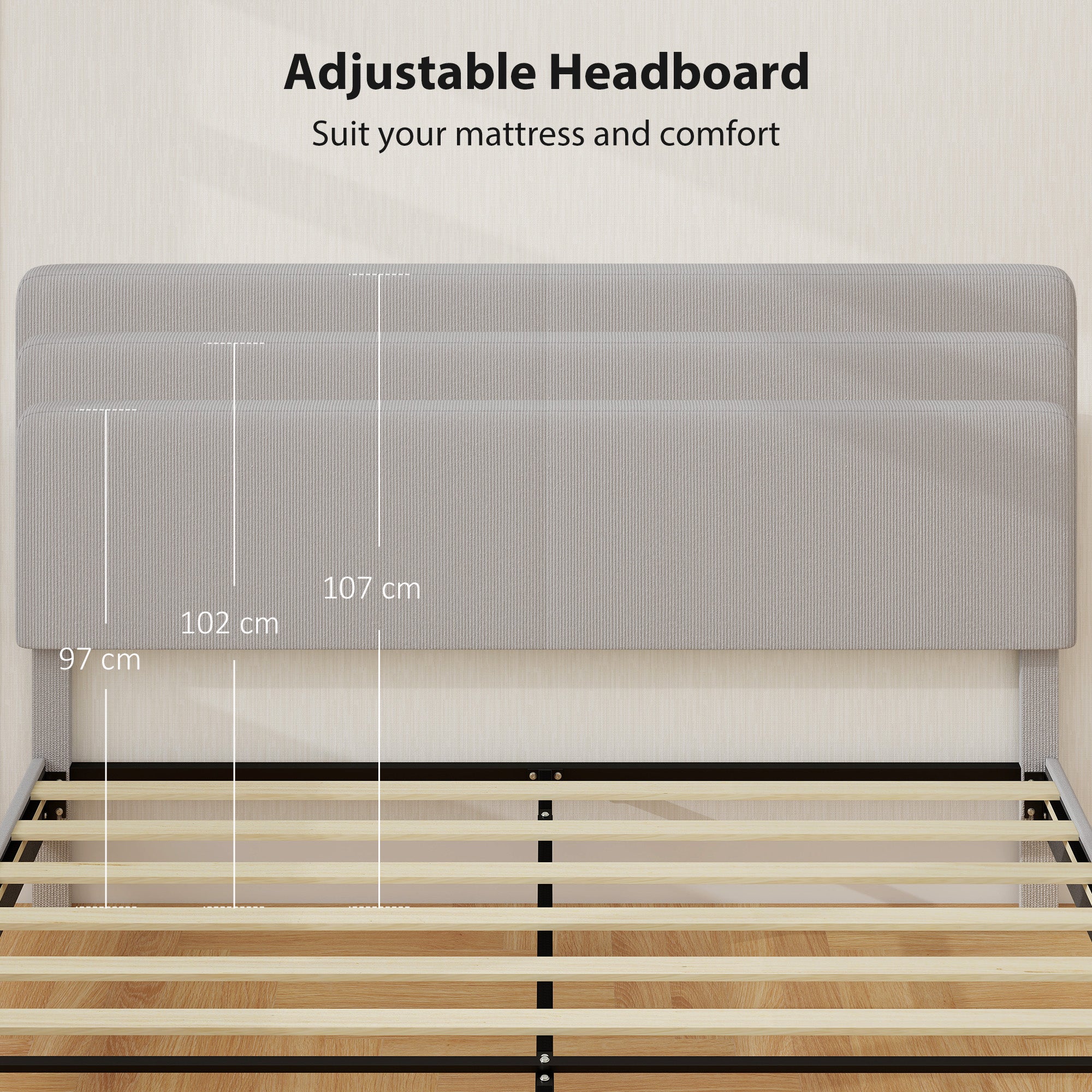 King Bed Frame with Adjustable Headboard, Corduroy Upholstered Platform Bed Frame, Wood Slat Support, Noise Free, No Box Spring Needed, Easy Assembly, Light Grey