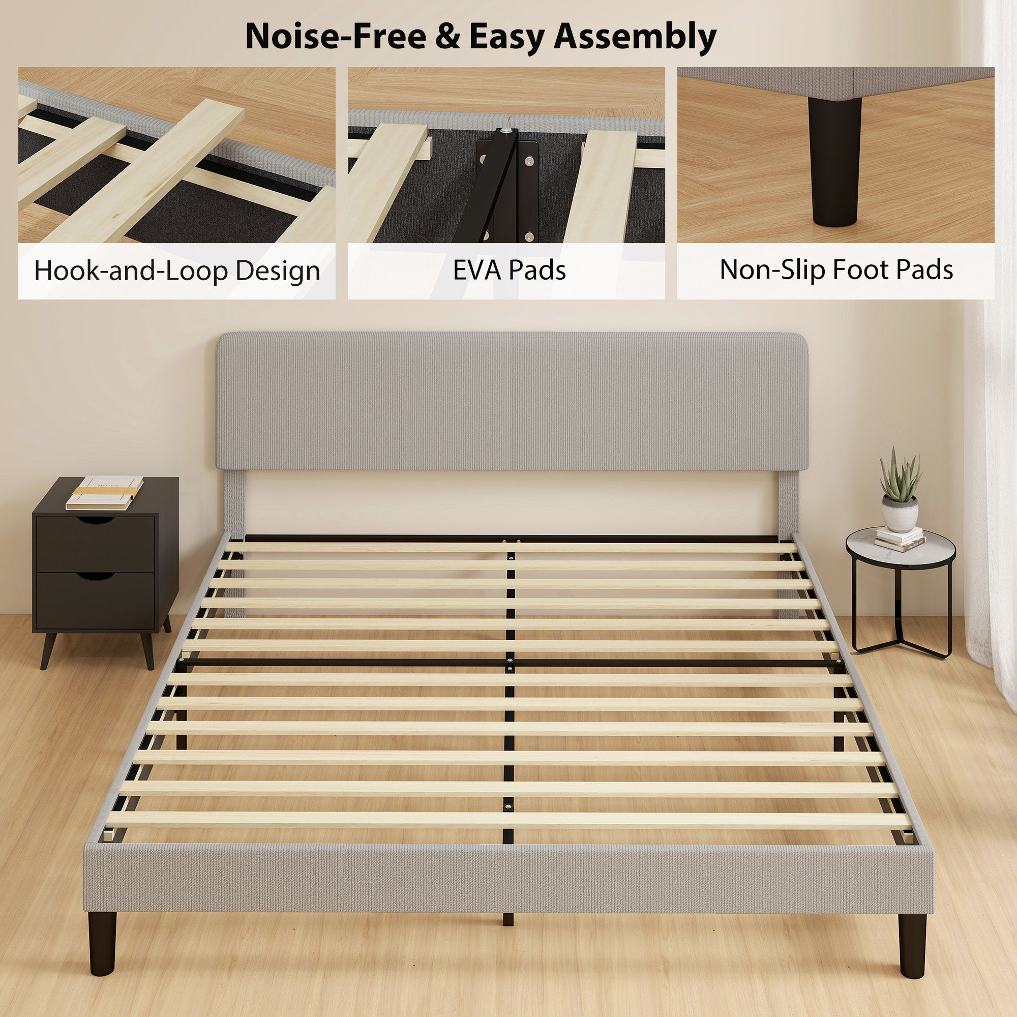 King Bed Frame with Adjustable Headboard, Corduroy Upholstered Platform Bed Frame, Wood Slat Support, Noise Free, No Box Spring Needed, Easy Assembly, Light Grey