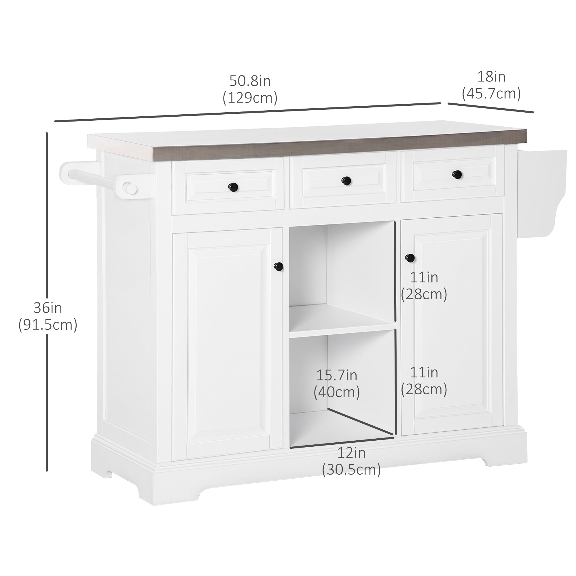 HOMCOM Rolling Kitchen Island on Wheels with Stainless Steel Top, Spice Rack & Drawers, Utility Portable Microwave Cart with Storage, White