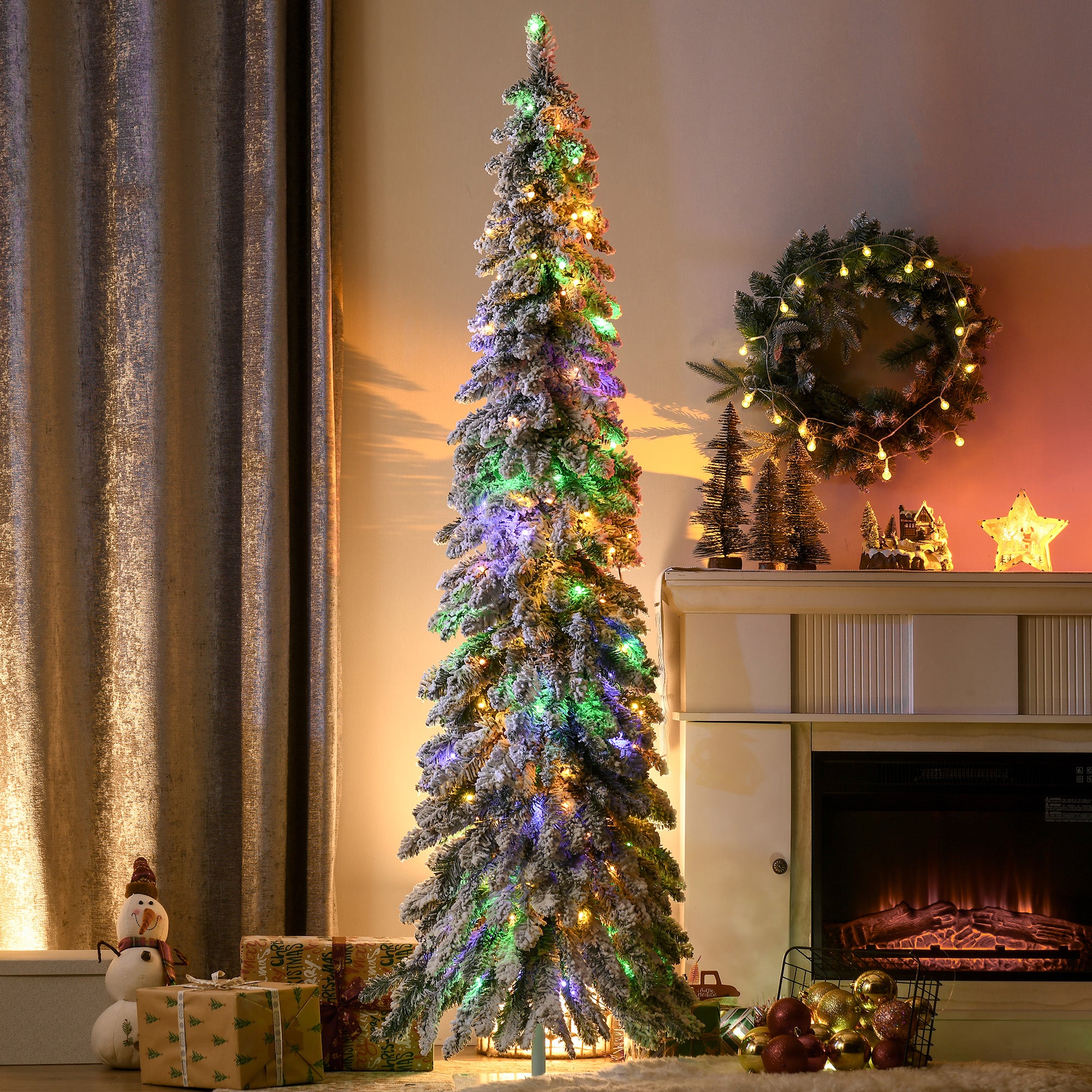 6' Artificial Slim Christmas Trees, with Snow Frosted Branches, Warm White or Colorful LED Lights, Downswept Shape