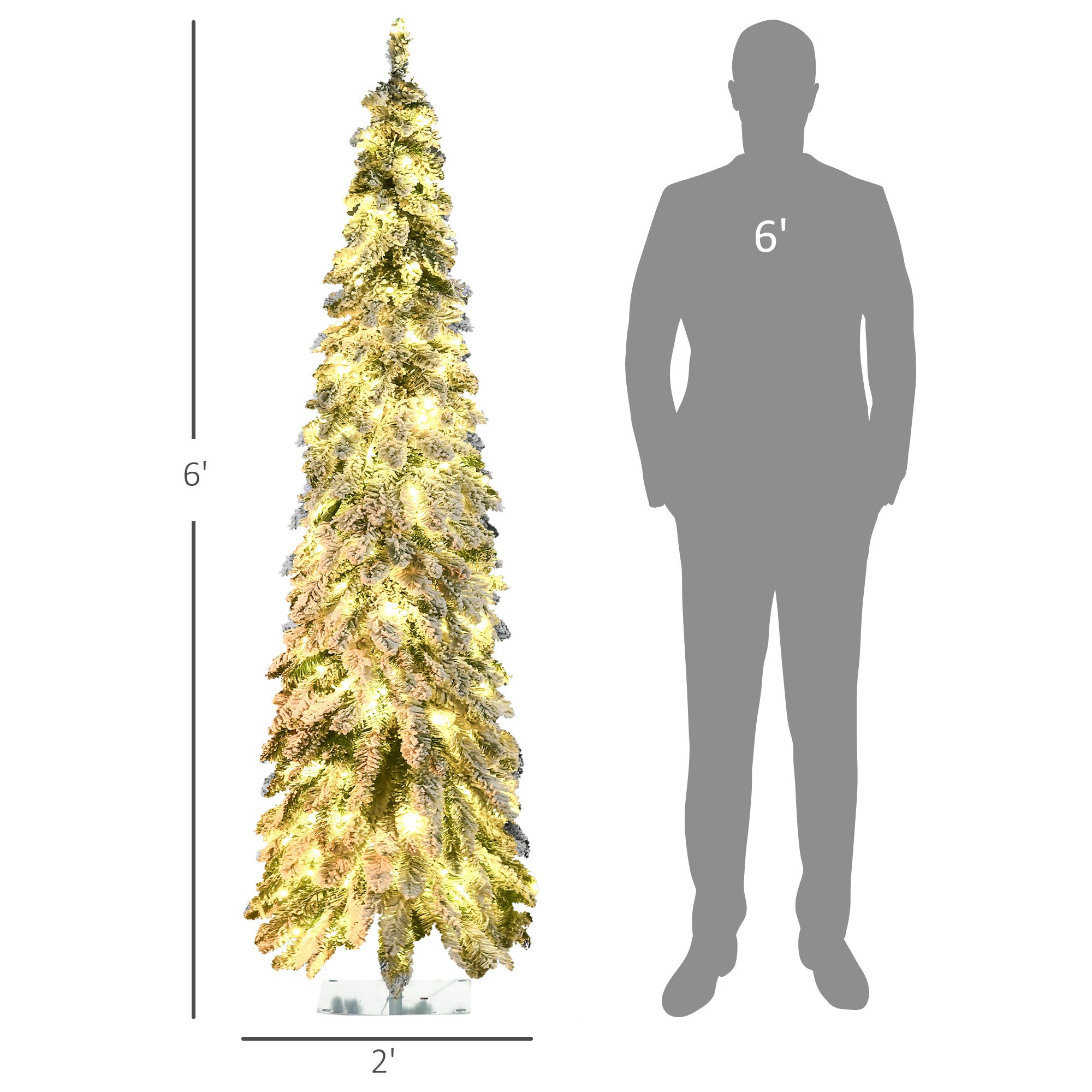 6' Artificial Slim Christmas Trees, with Snow Frosted Branches, Warm White or Colorful LED Lights, Downswept Shape