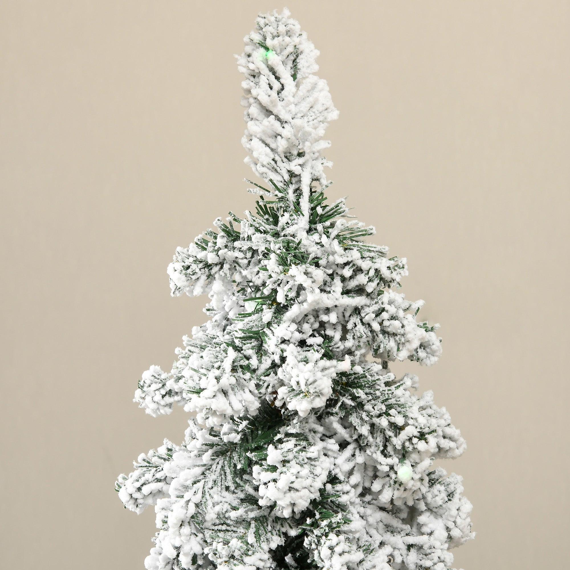 6ft Tall Prelit Pencil Artificial Christmas Tree Holiday Décor with 407 Snow Flocked Branches, 250 Warm White or Colorful LED Lights, Downswept Shape