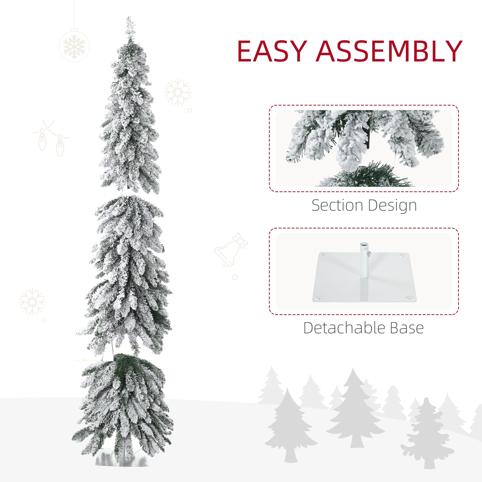 6' Artificial Slim Christmas Trees, with Snow Frosted Branches, Warm White or Colorful LED Lights, Downswept Shape