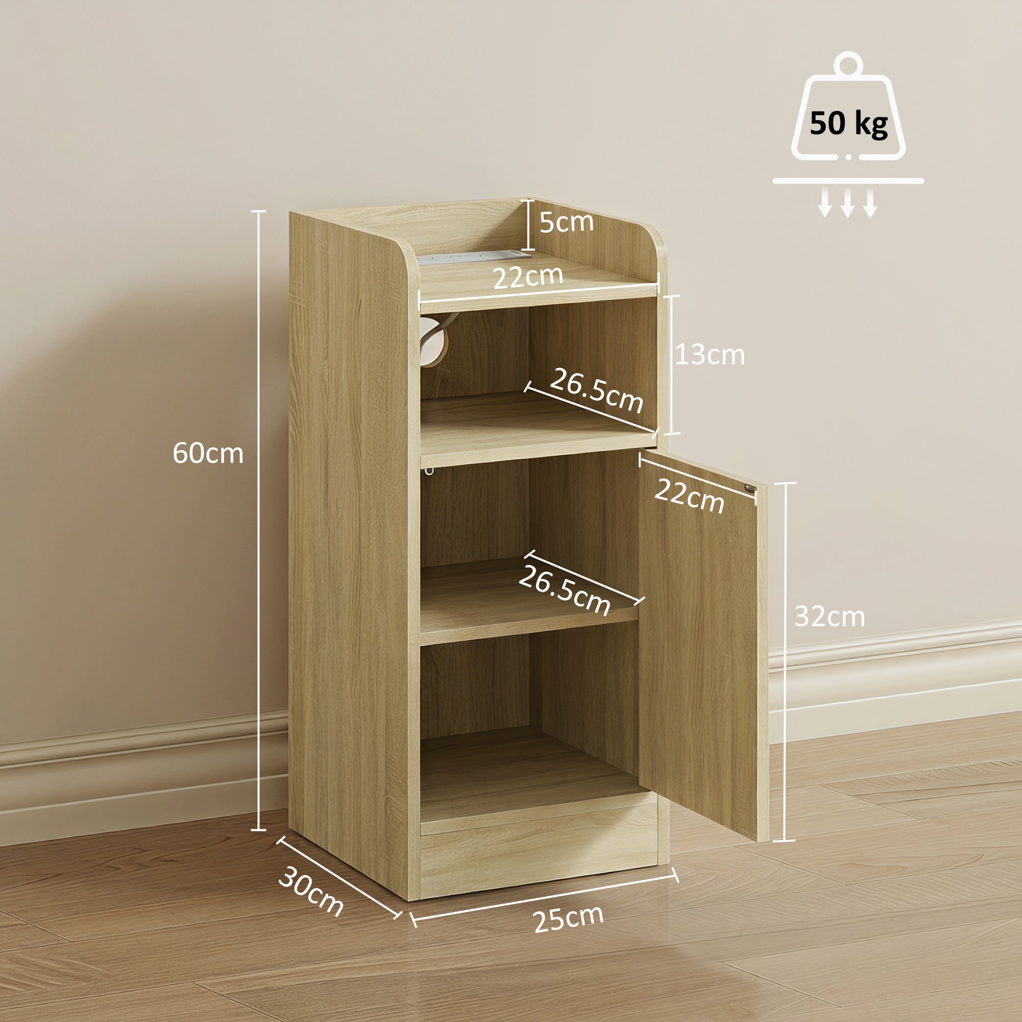 Slim Bedside Table Set of 2 with Charging Station, Narrow Bedside Cabinet with Open Compartment, Adjustable Shelf and Cupboard, Side End Table for Bedroom Living Room Compact Nooks, Oak