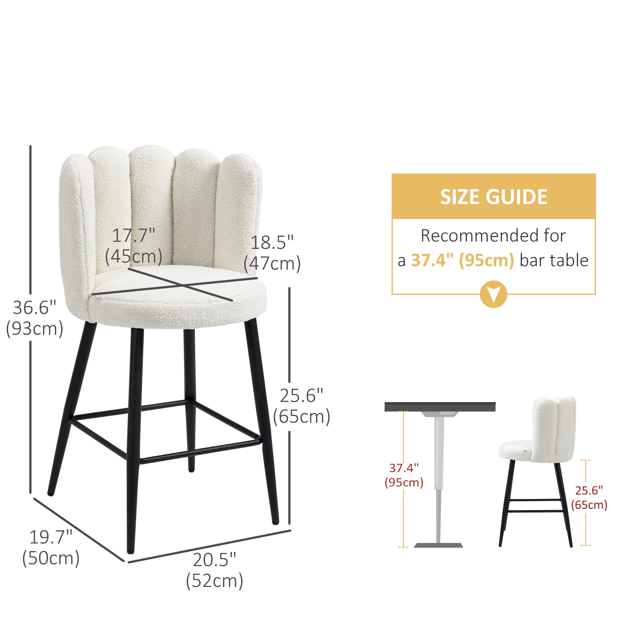 HOMCOM Modern Bar Stools Set of 2, Faux Cashmere Upholstered Counter Height Barstools, Bar Chairs for Kitchen with Back, Footrest, Steel Base, Cream White