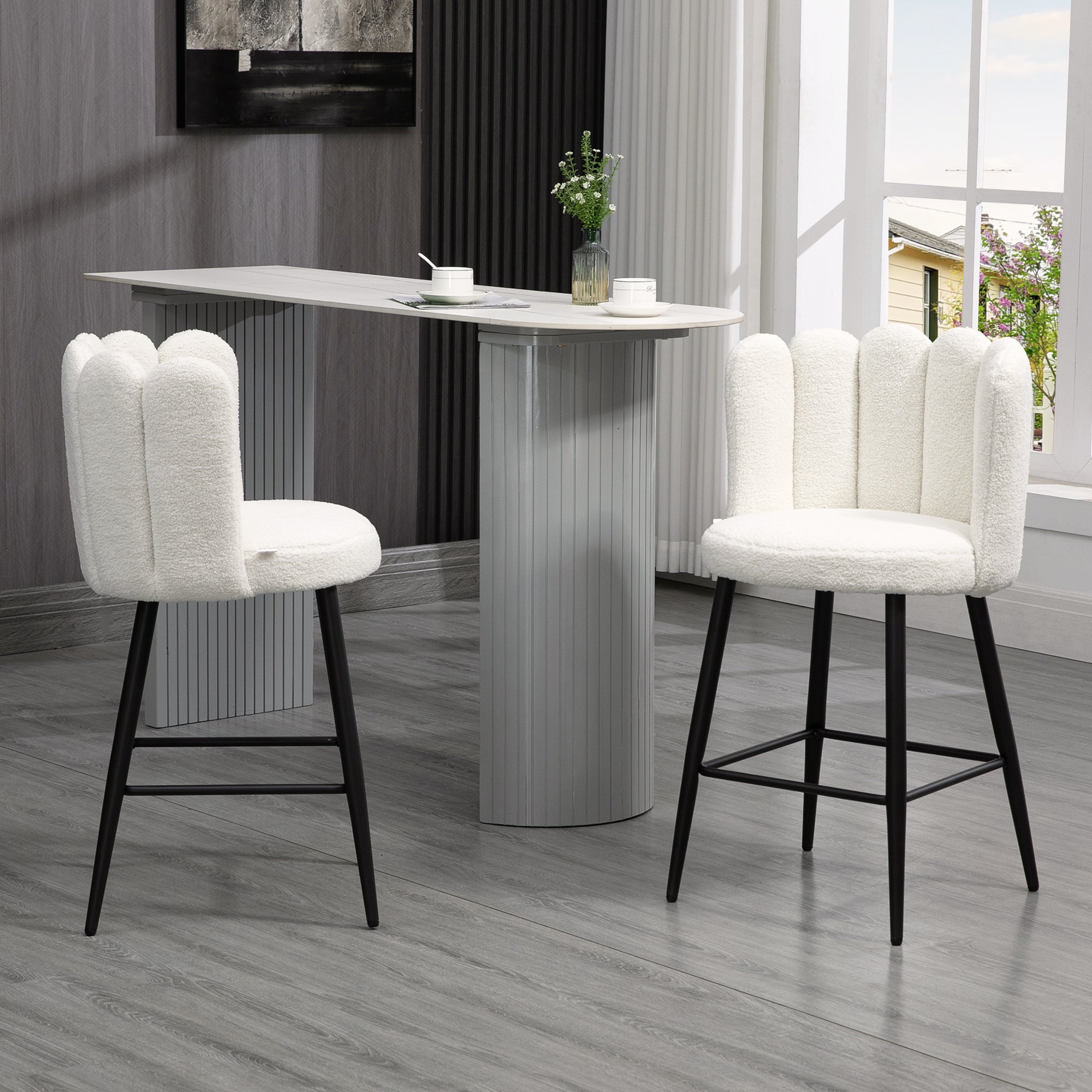 HOMCOM Modern Bar Stools Set of 2, Faux Cashmere Upholstered Counter Height Barstools, Bar Chairs for Kitchen with Back, Footrest, Steel Base, Cream White