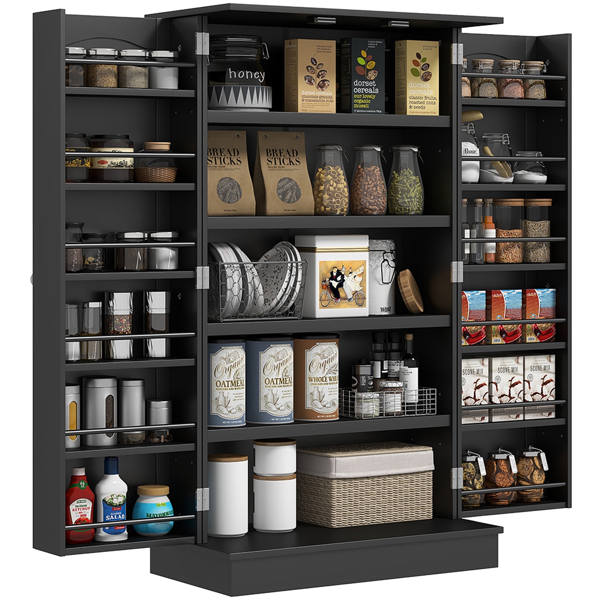 Freestanding Kitchen Pantry Cabinet, Kitchen Cabinet with 12 Door Shelves, Double Doors, 5-tier Shelving, Black