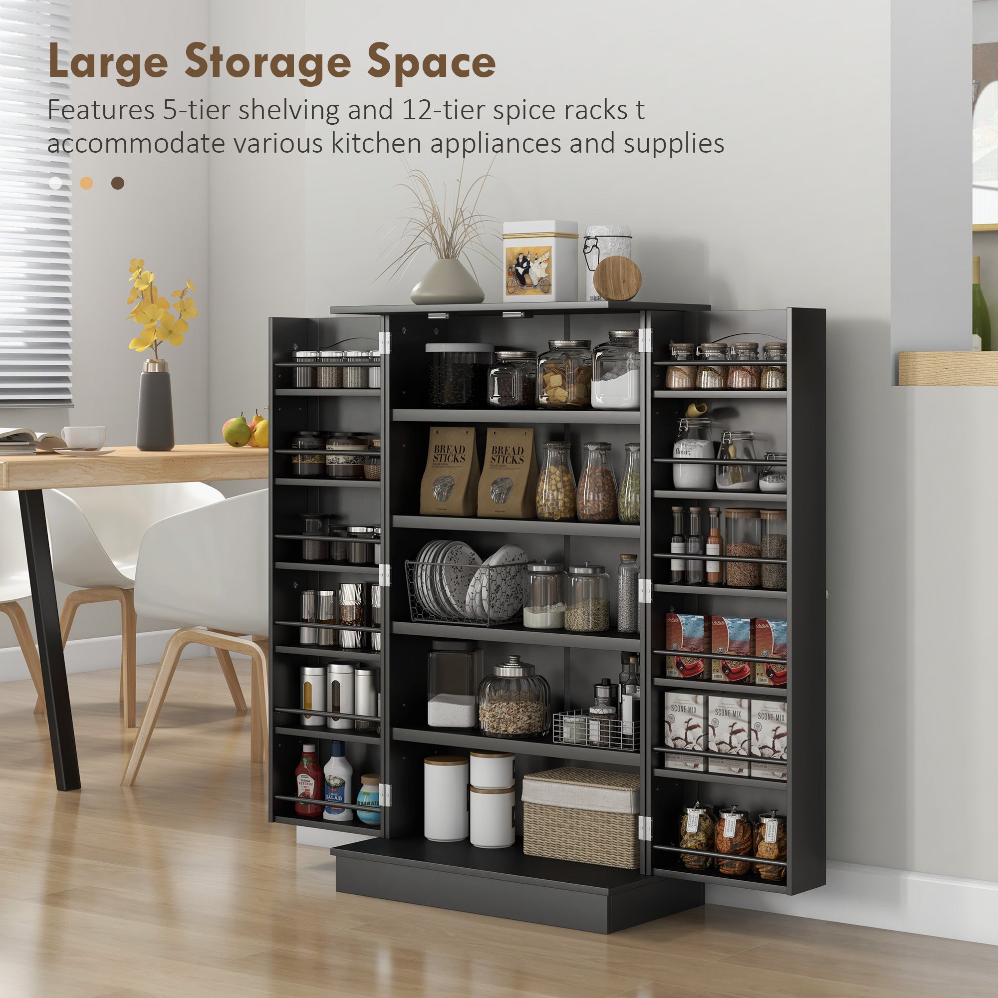 Freestanding Kitchen Pantry Cabinet, Kitchen Cabinet with 12 Door Shelves, Double Doors, 5-tier Shelving, Black