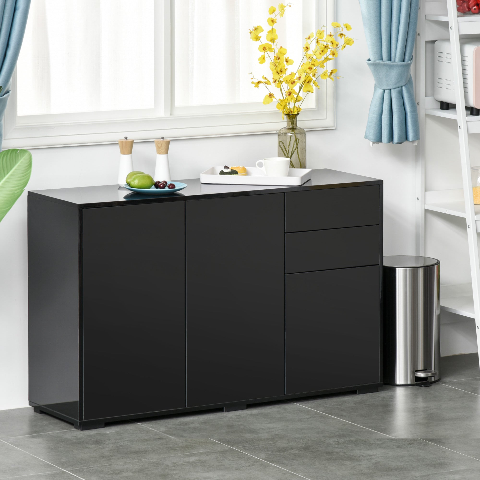 HOMCOM High Gloss Buffet Sideboard with 2 Drawers, 3 Doors and Adjustable Shelf, Kitchen Storage Cabinet with Push Open Design, Black