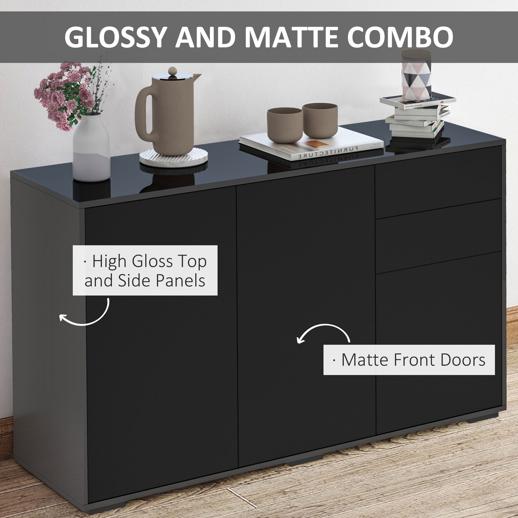 HOMCOM High Gloss Buffet Sideboard with 2 Drawers, 3 Doors and Adjustable Shelf, Kitchen Storage Cabinet with Push Open Design, Black