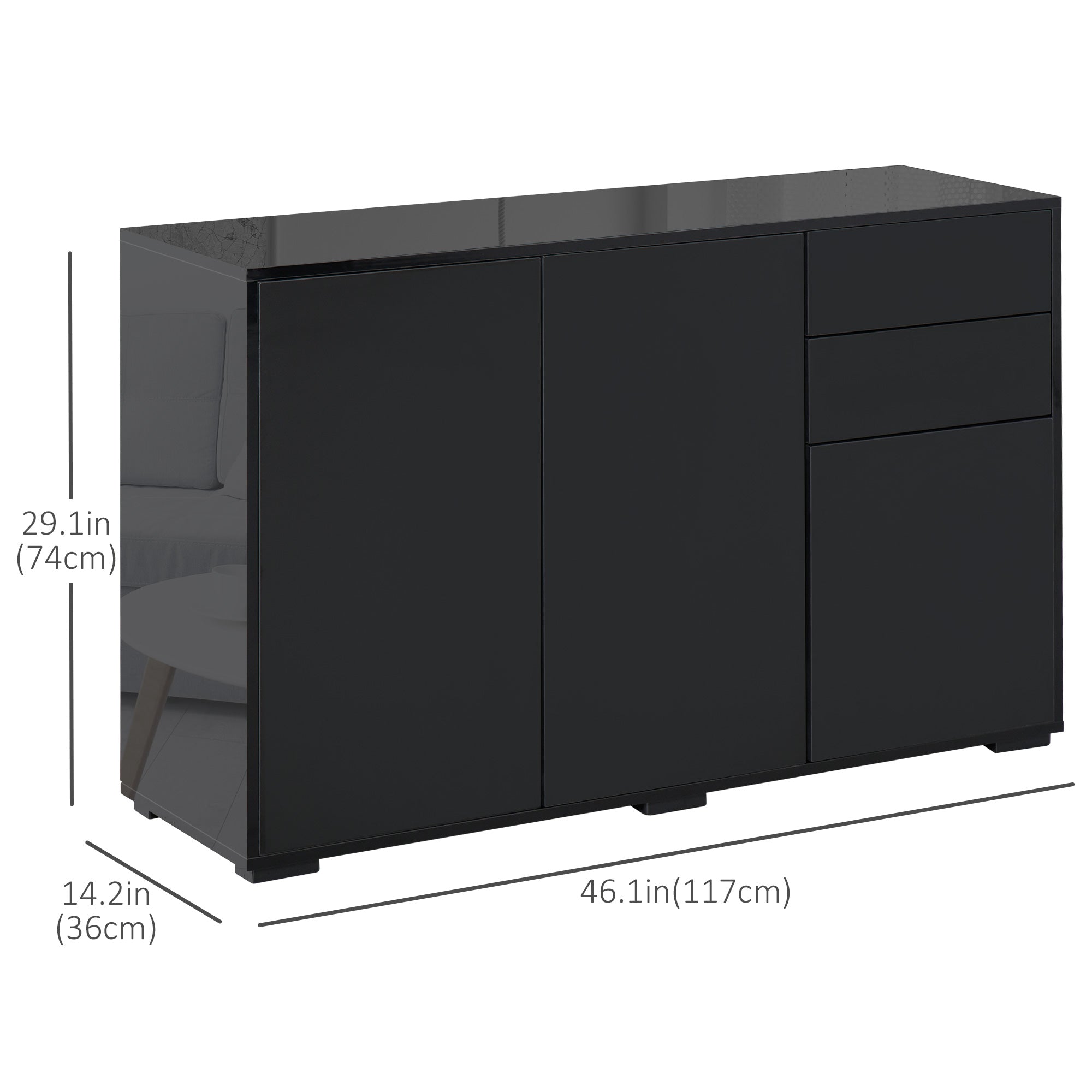 HOMCOM High Gloss Buffet Sideboard with 2 Drawers, 3 Doors and Adjustable Shelf, Kitchen Storage Cabinet with Push Open Design, Black