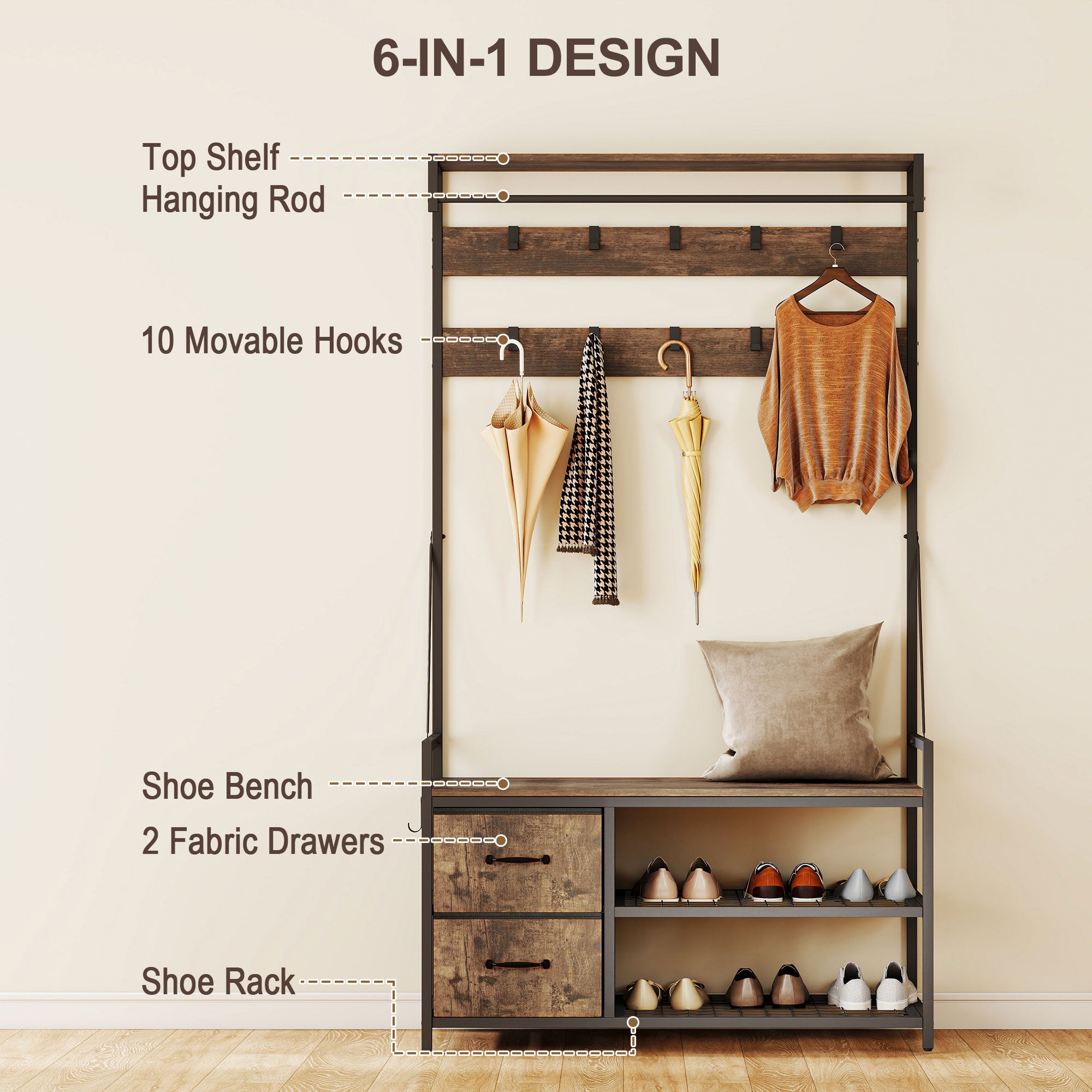 6-In-1 Hall Tree with Shoe Storage, Industrial Entryway Coat Rack Shoe Storage with 10 Adjustable Hooks, 2 Fabric Drawers and Hanging Rod for Hallway, Rustic Brown