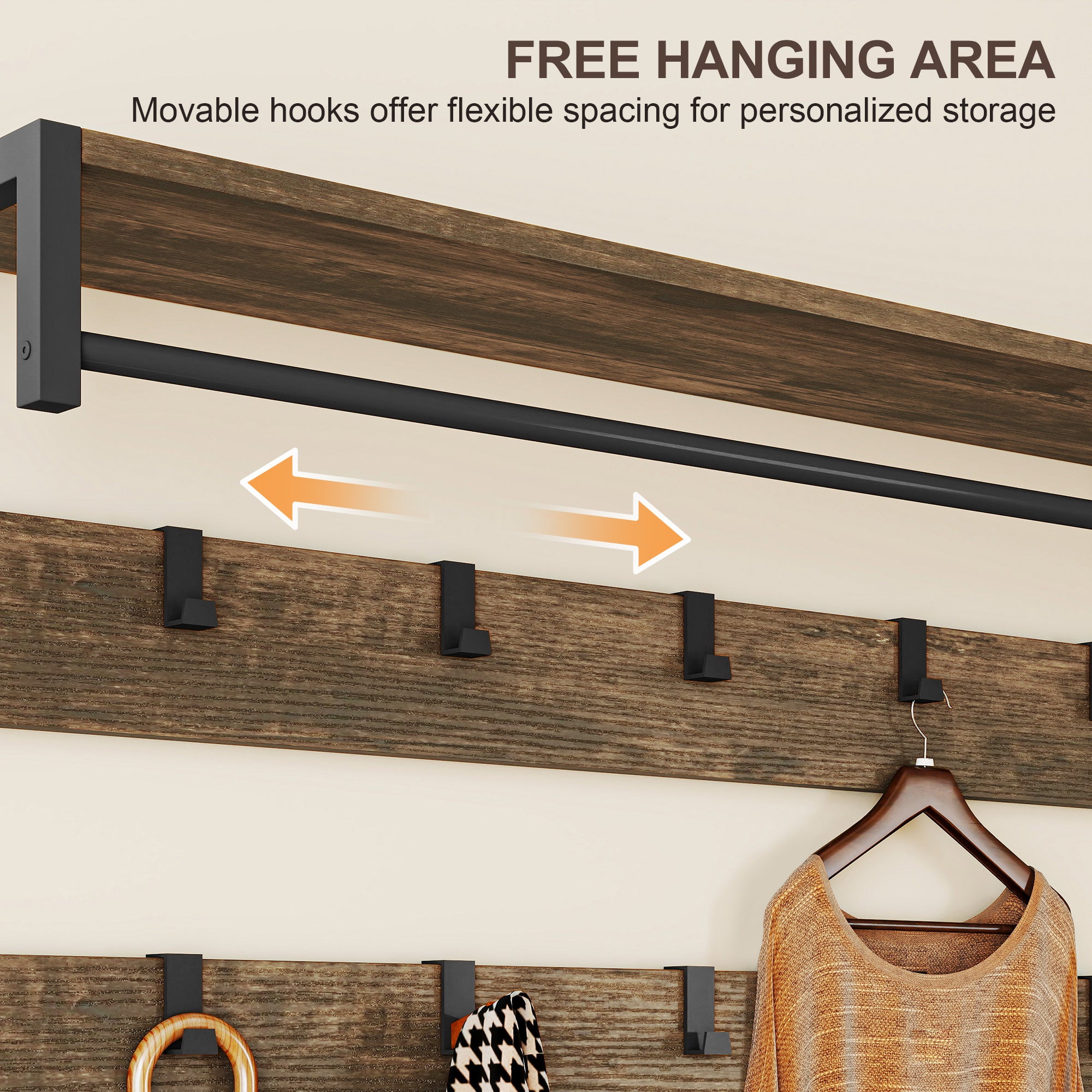 6-In-1 Hall Tree with Shoe Storage, Industrial Entryway Coat Rack Shoe Storage with 10 Adjustable Hooks, 2 Fabric Drawers and Hanging Rod for Hallway, Rustic Brown