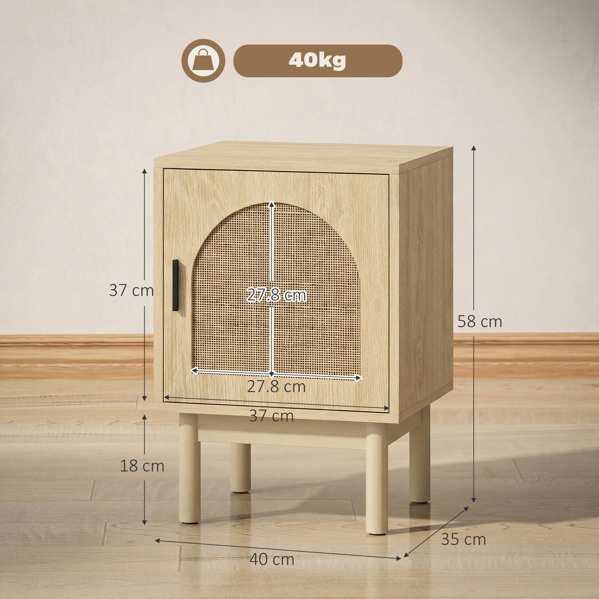 Rattan Bedside Table, Boho Bedside Cabinet with Adjustable Shelf and Solid Wood Legs, Side Table for Living Room, Bedroom, Natural Wood