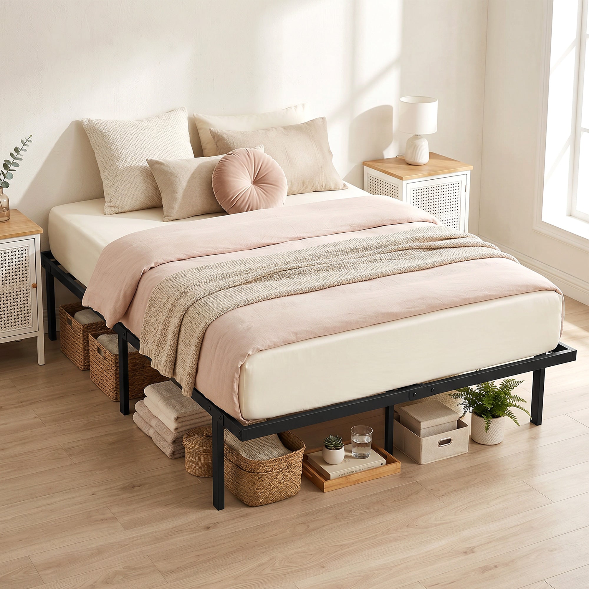 4ft6 Double Bed Frame with Underbed Storage, 35.5 cm Height, Metal Platform Bed Frame with Steel Slat Support, Noise-Free, No Box Spring Needed, Easy Assembly, Black