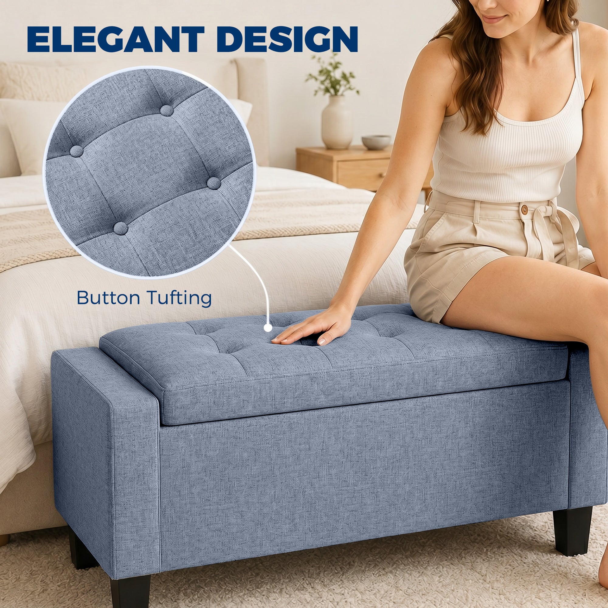 36.6" Tufted Fabric Rectangular Storage Ottoman, Sitting Bench with Armrests and Wooden Legs, Holds up to 528 lbs, for Entryway, Living Room, Bedroom, Dark Gray