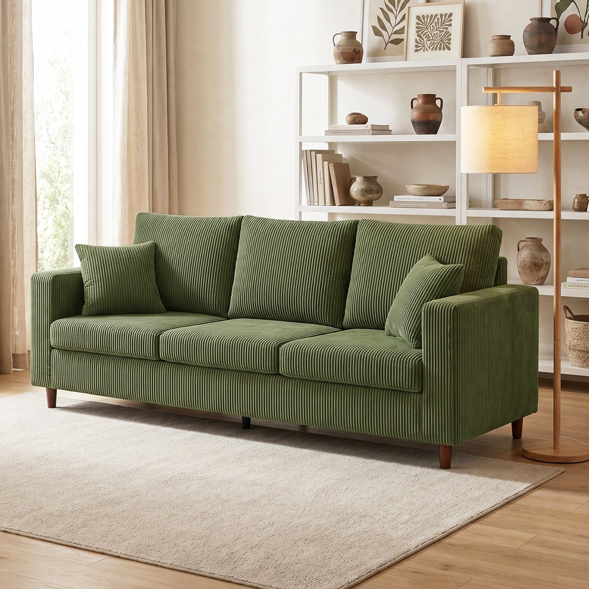 3 Seater Sofa, 225 cm Comfy Corduroy Couch with Wide Deep Seat, Wide Armrests, Spring Cushion, Thick Padded, Solid Wood Legs, Fabric Sofa for Living Room, Green