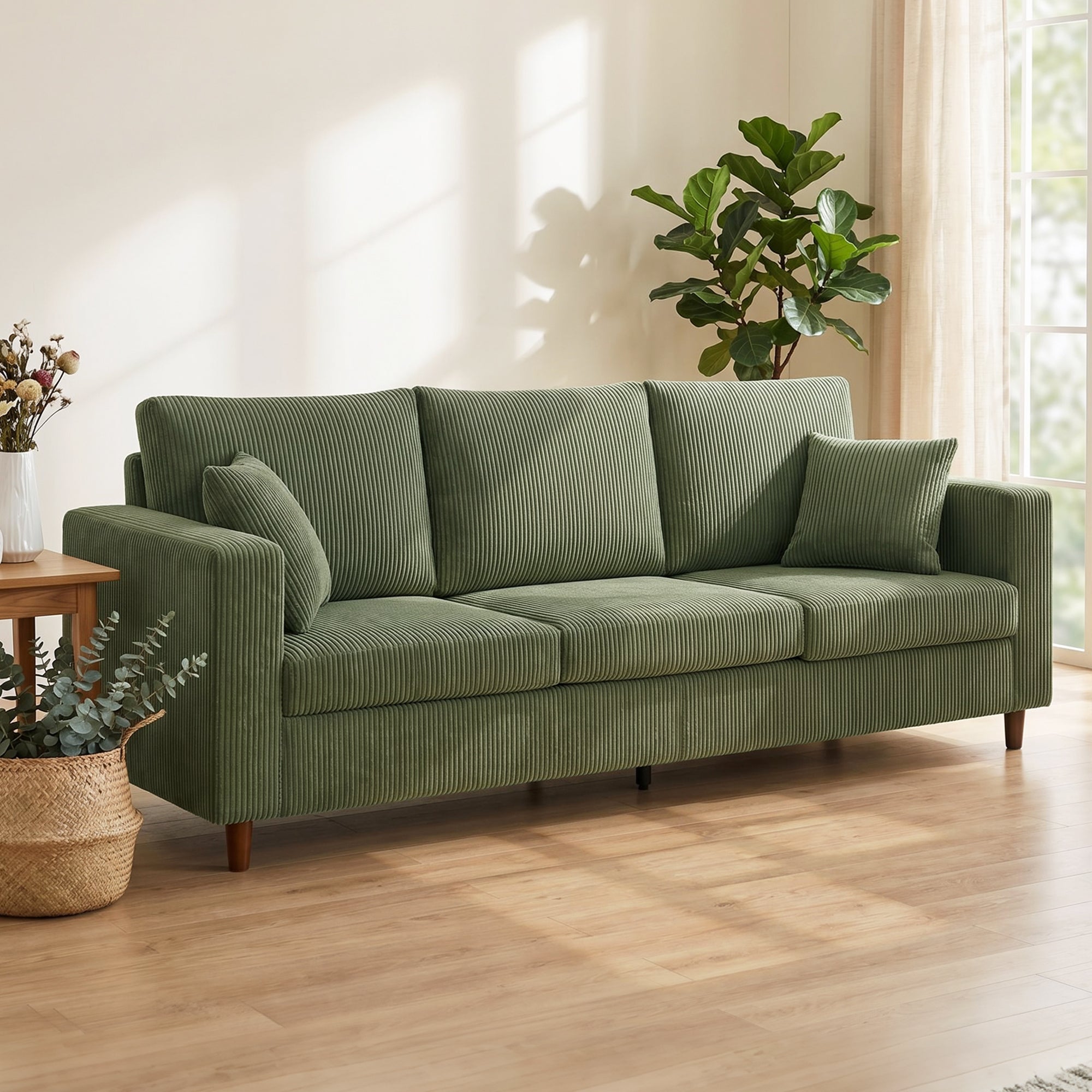 3 Seater Sofa, 225 cm Comfy Corduroy Couch with Wide Deep Seat, Wide Armrests, Spring Cushion, Thick Padded, Solid Wood Legs, Fabric Sofa for Living Room, Green