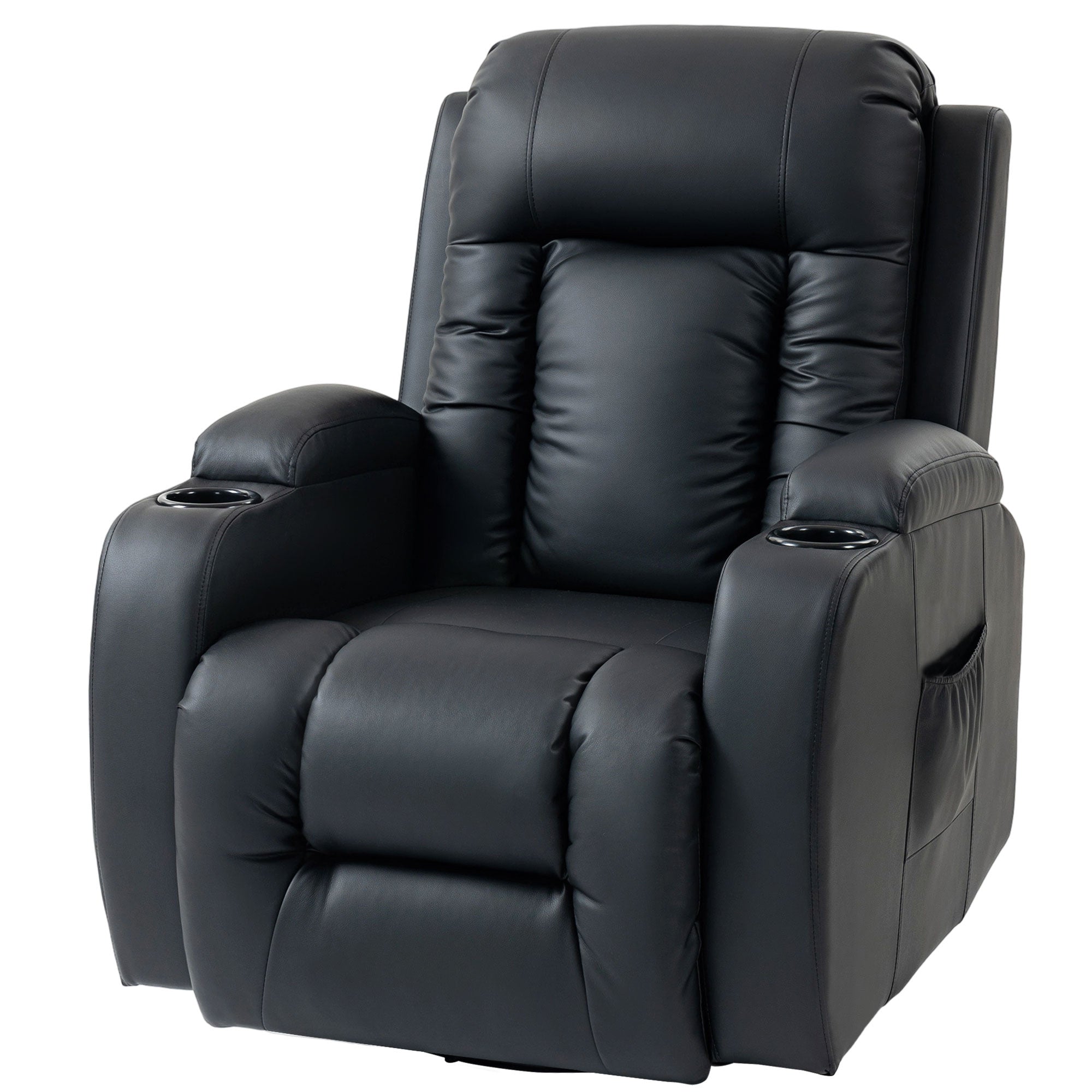 Recliner Armchair with Massage & Heat, PU Leather Recliner Chair with Extended Footrest, Cup Holders and Side Pockets, Swivel Rocking Manual Reclining Chair for Living Room, Black