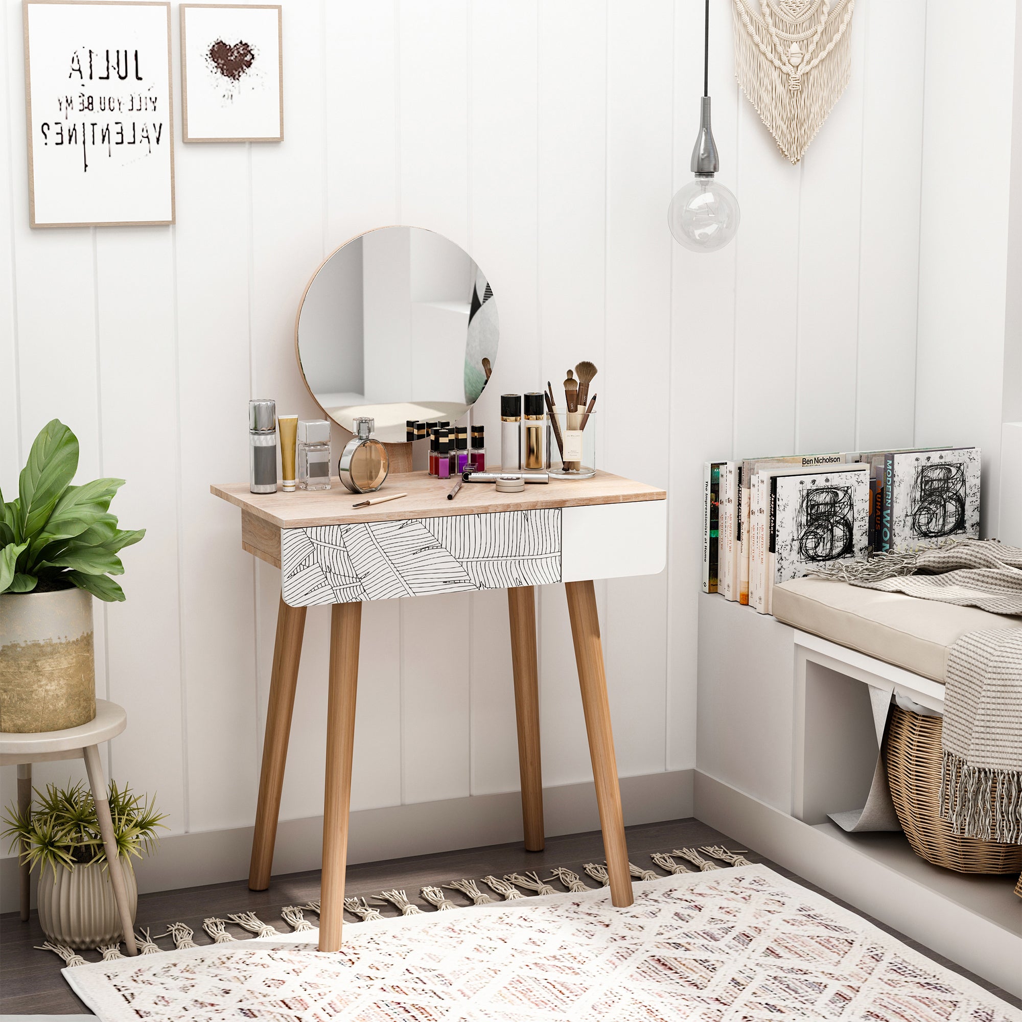 HOMCOM Vanity Desk with Mirror, Vanity Table with Drawer and Height Adjustable Mirror, Makeup Table with Wood Legs for Bedroom, Oak