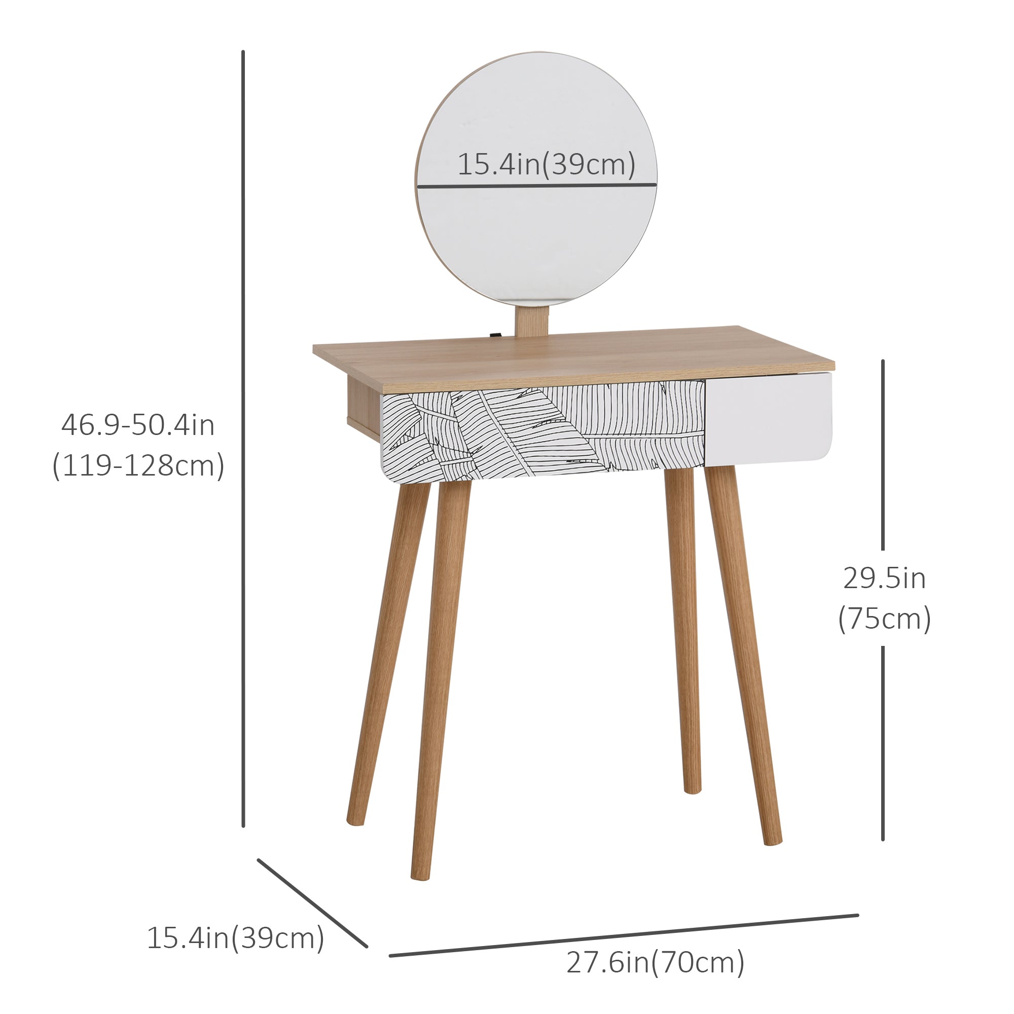 HOMCOM Vanity Desk with Mirror, Vanity Table with Drawer and Height Adjustable Mirror, Makeup Table with Wood Legs for Bedroom, Oak